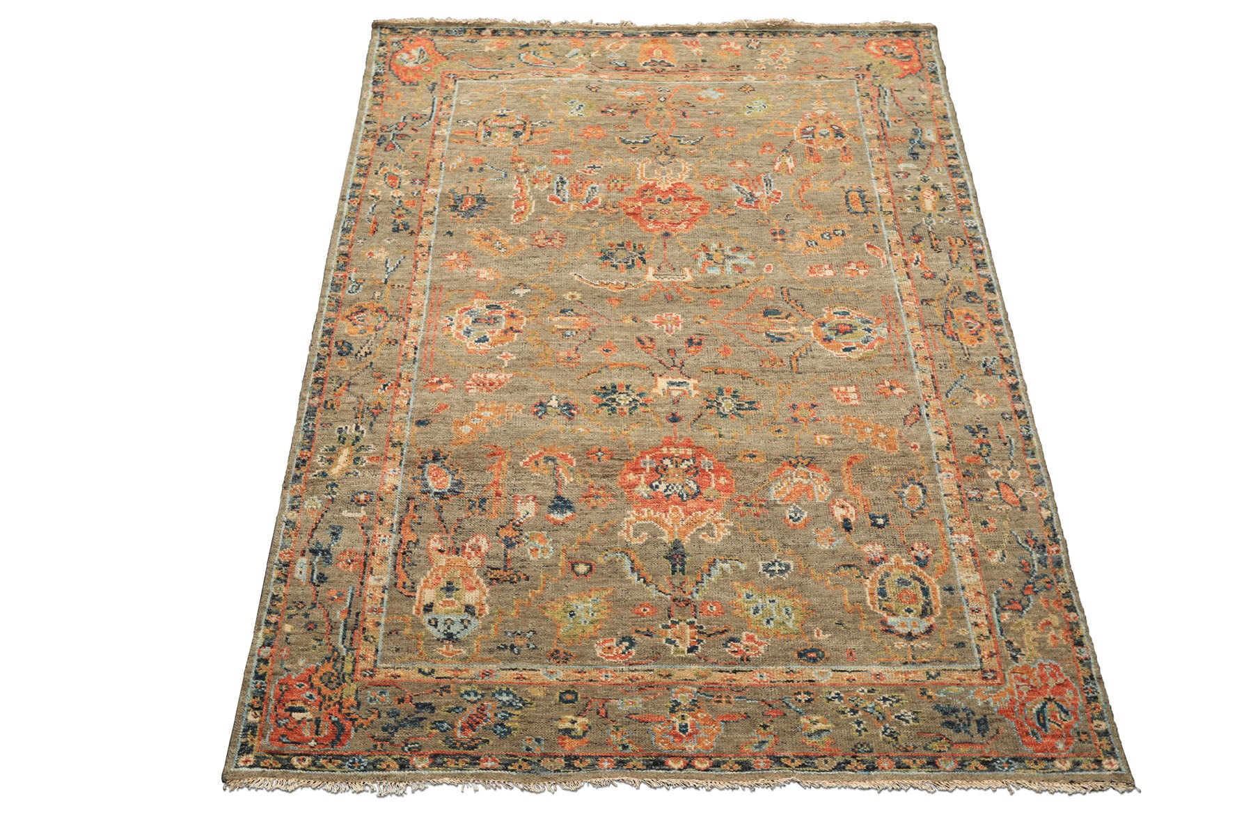 6x8'3 Moss, Burnt Orange, Gold Color Hand Knotted Oushak Wool Arts & Crafts Oriental Rug