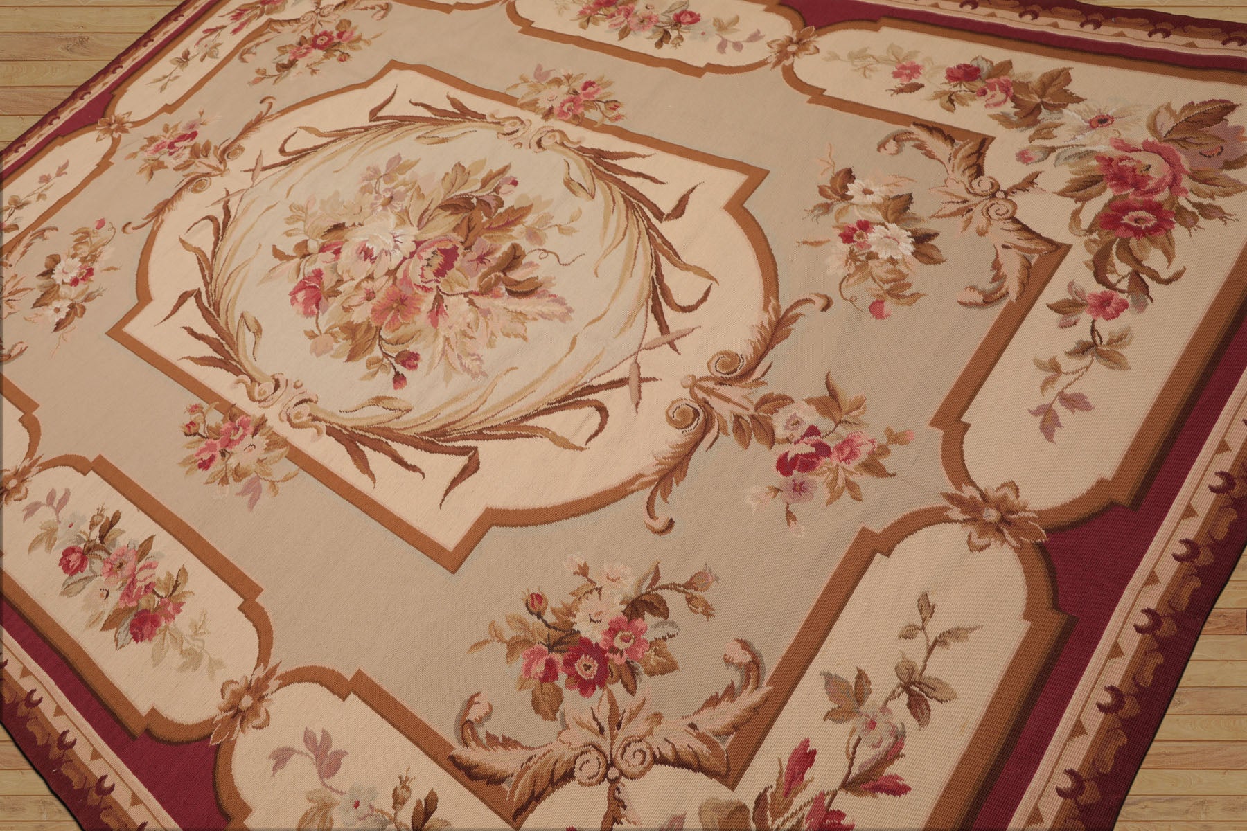 7x10 Ivory, Beige, Burgundy Color Hand Woven French Aubusson Needlepoint  Wool Traditional Oriental Rug