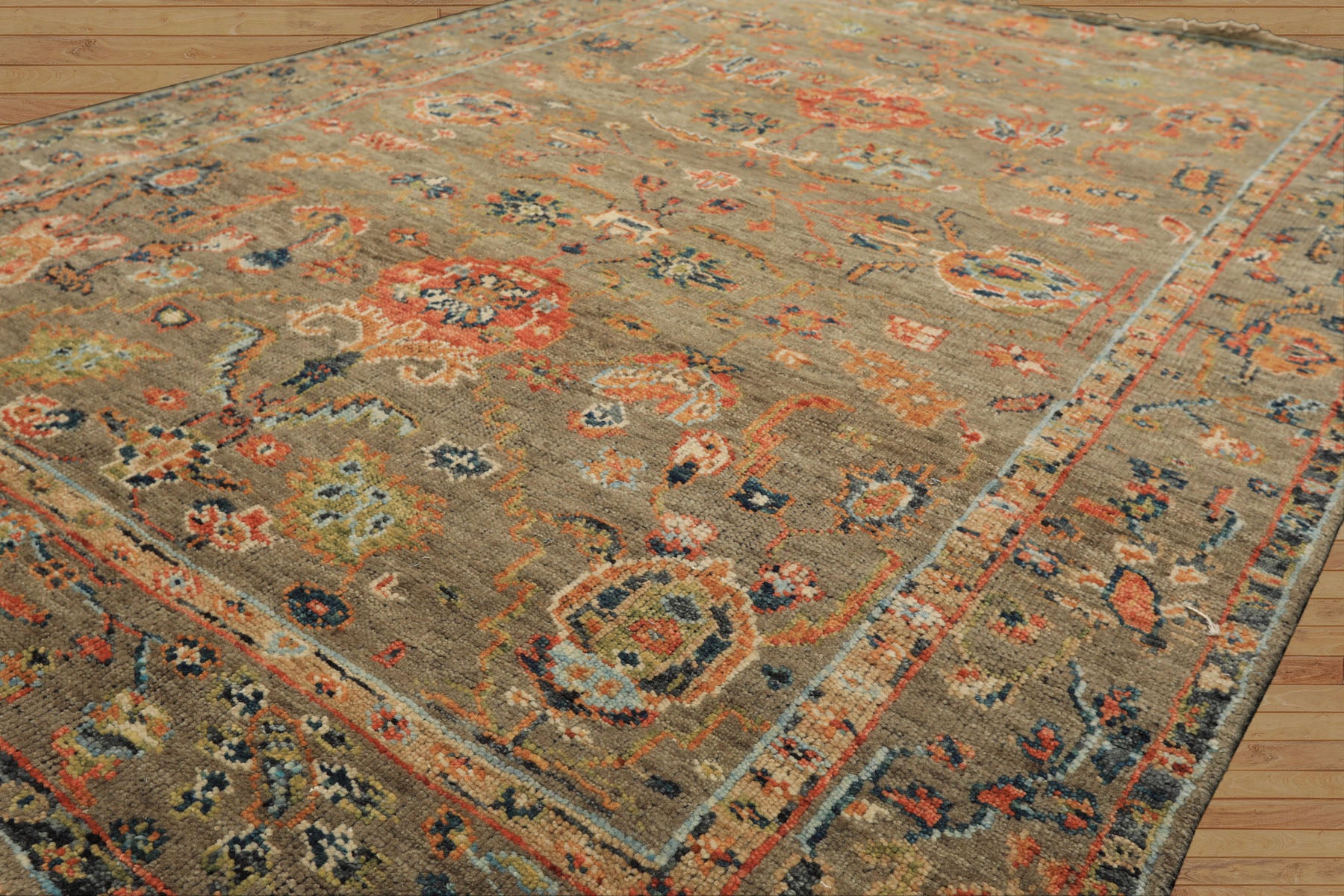 6x8'3 Moss, Burnt Orange, Gold Color Hand Knotted Oushak Wool Arts & Crafts Oriental Rug