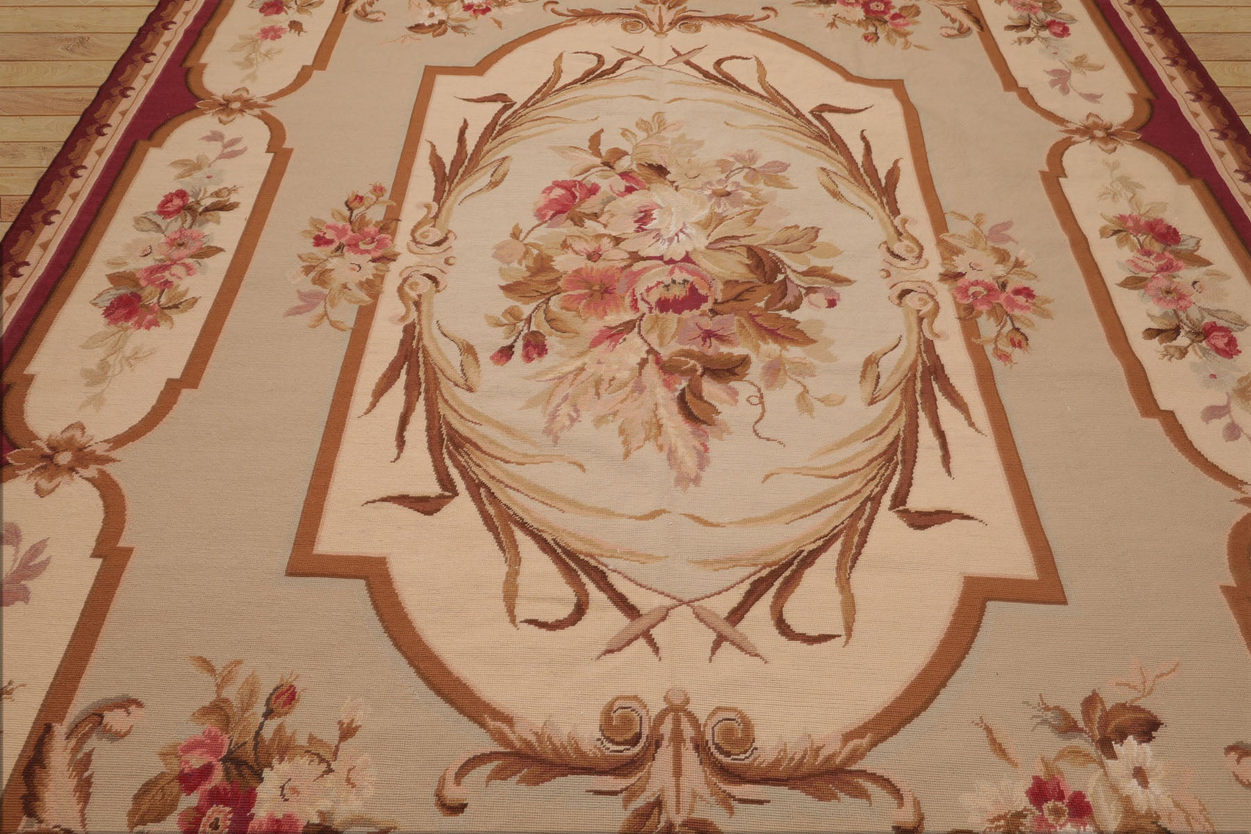 7x10 Ivory, Beige, Burgundy Color Hand Woven French Aubusson Needlepoint  Wool Traditional Oriental Rug