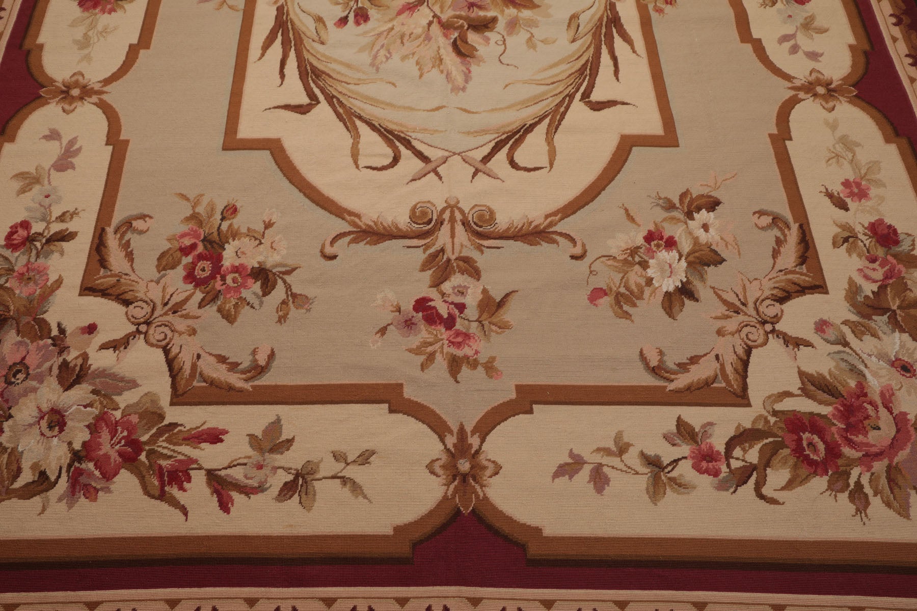 7x10 Ivory, Beige, Burgundy Color Hand Woven French Aubusson Needlepoint  Wool Traditional Oriental Rug