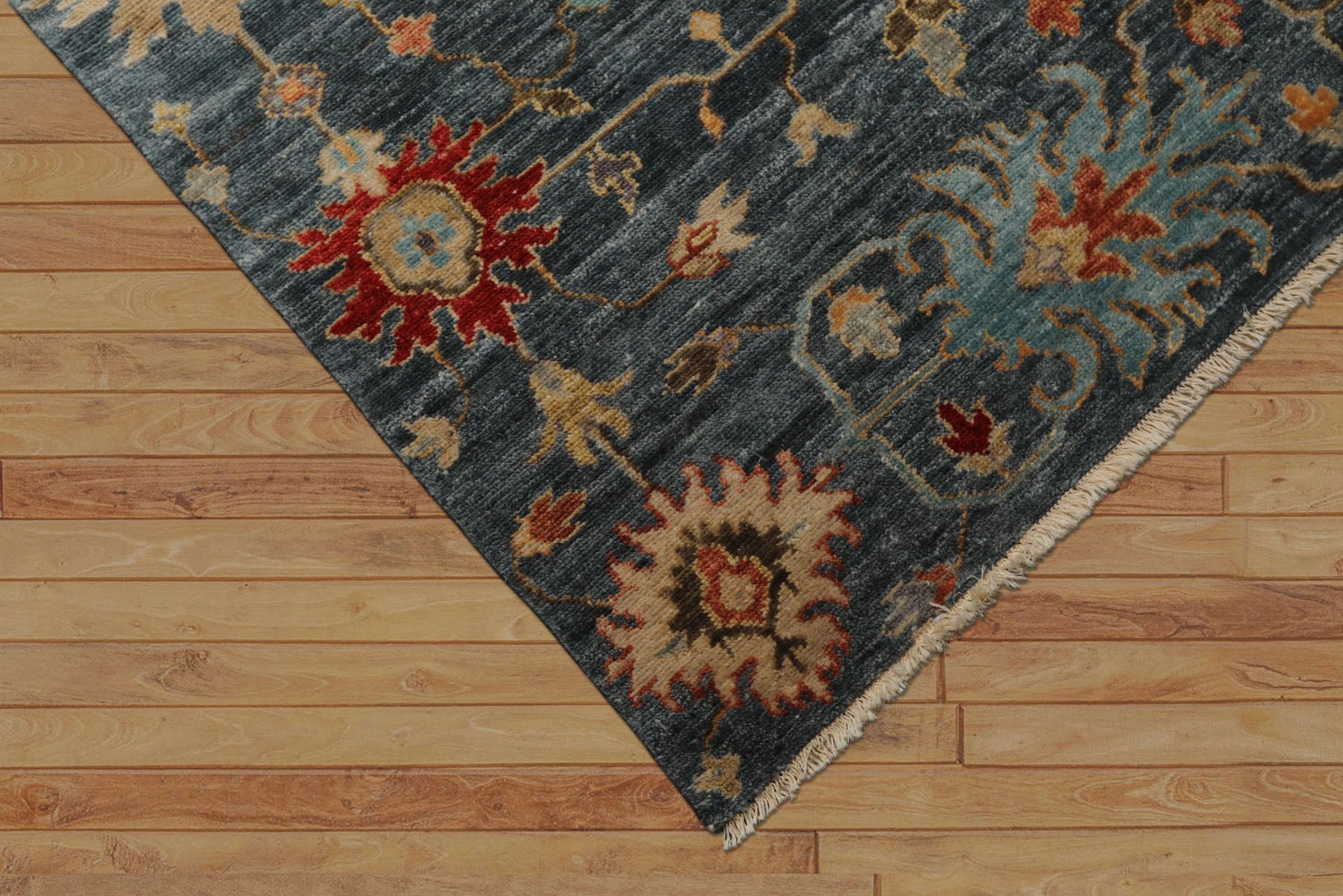 7x9 Navy, Gold, Coral Color Hand Knotted Oushak Wool Transitional Oriental Rug