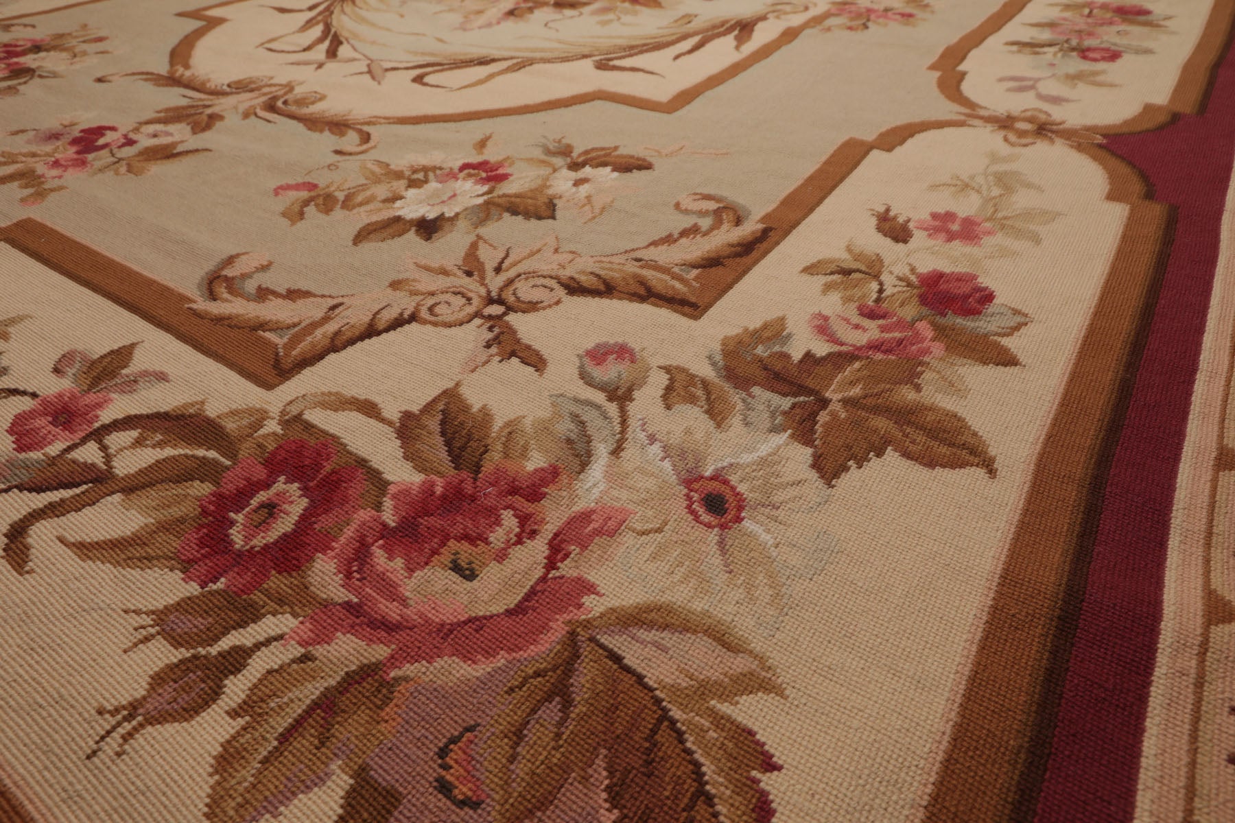 7x10 Ivory, Beige, Burgundy Color Hand Woven French Aubusson Needlepoint  Wool Traditional Oriental Rug
