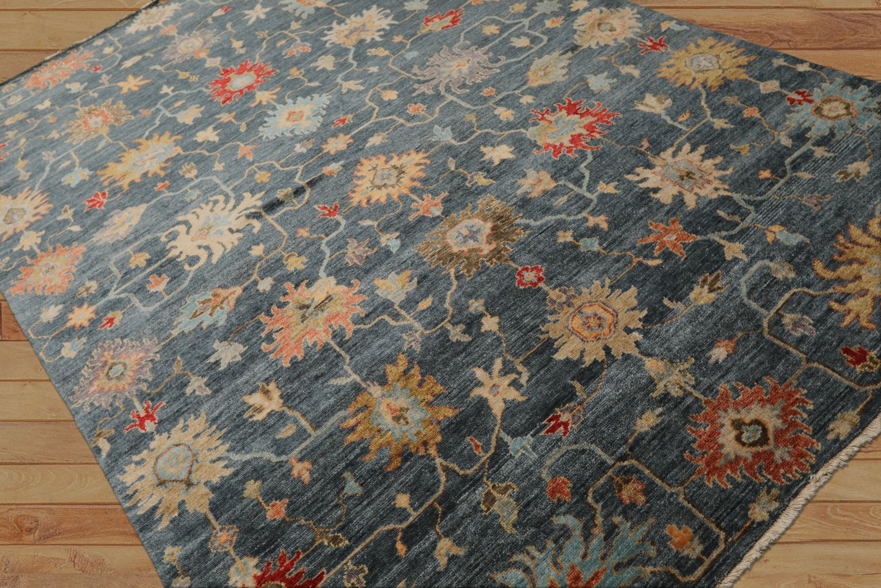 7x9 Navy, Gold, Coral Color Hand Knotted Oushak Wool Transitional Oriental Rug