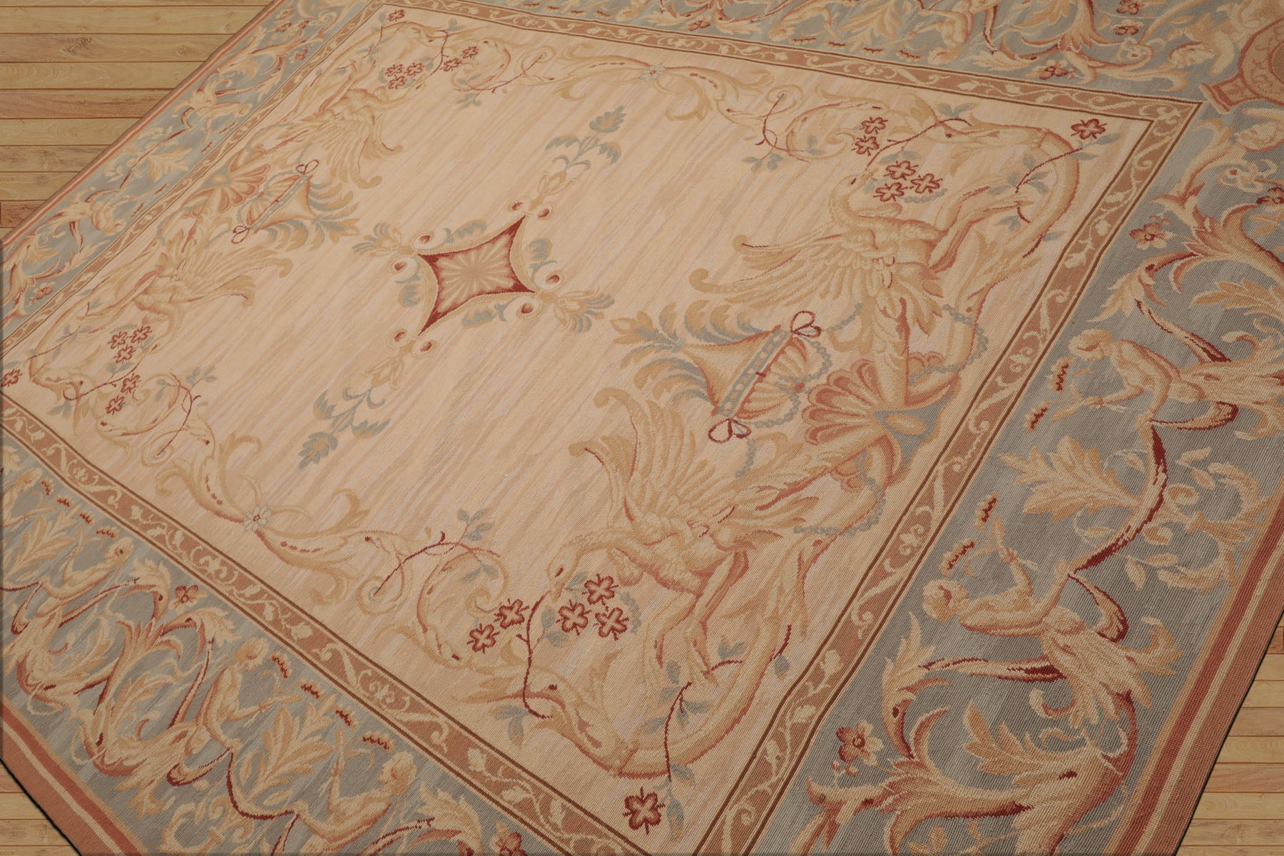 8x10 Beige, Slate, Rose Color Hand Woven French Aubusson Needlepoint  Wool Traditional Oriental Rug