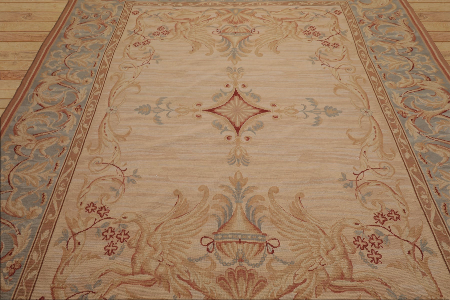 8x10 Beige, Slate, Rose Color Hand Woven French Aubusson Needlepoint  Wool Traditional Oriental Rug