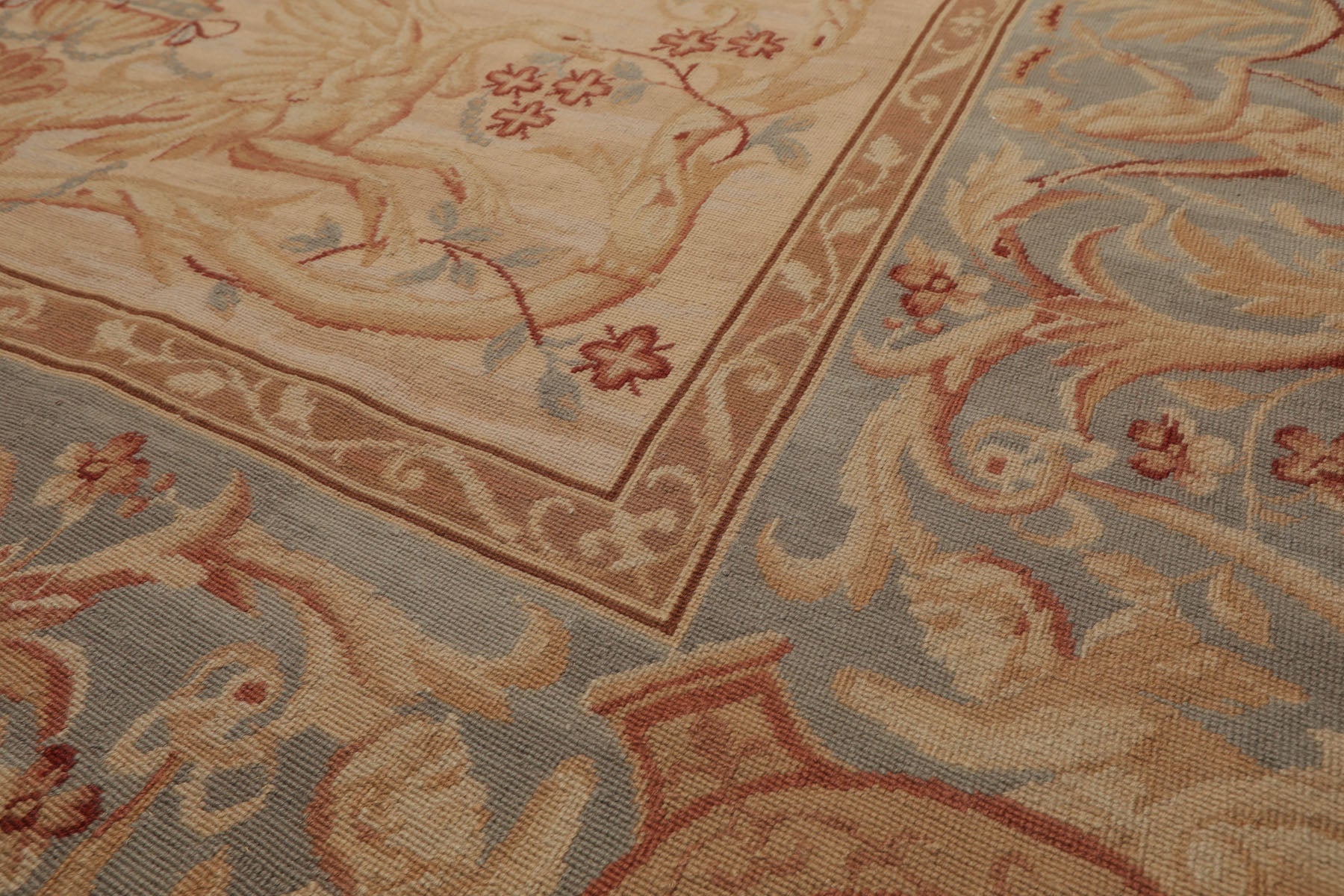 8x10 Beige, Slate, Rose Color Hand Woven French Aubusson Needlepoint  Wool Traditional Oriental Rug