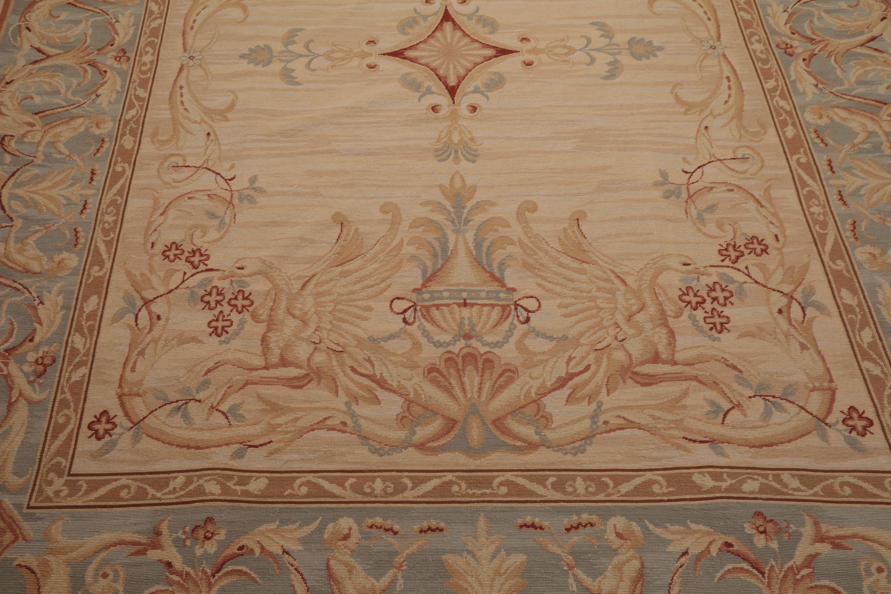 8x10 Beige, Slate, Rose Color Hand Woven French Aubusson Needlepoint  Wool Traditional Oriental Rug