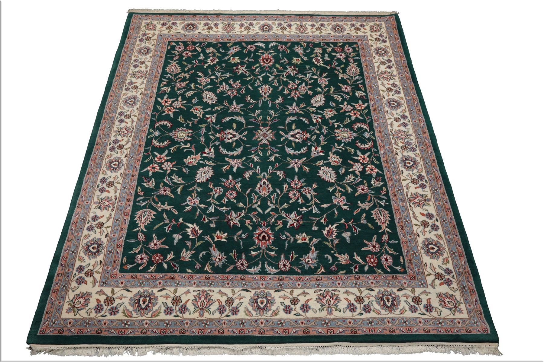 8x10 Emerald, Ivory, Rose Color Hand Knotted Jahan Wool Traditional Oriental Rug