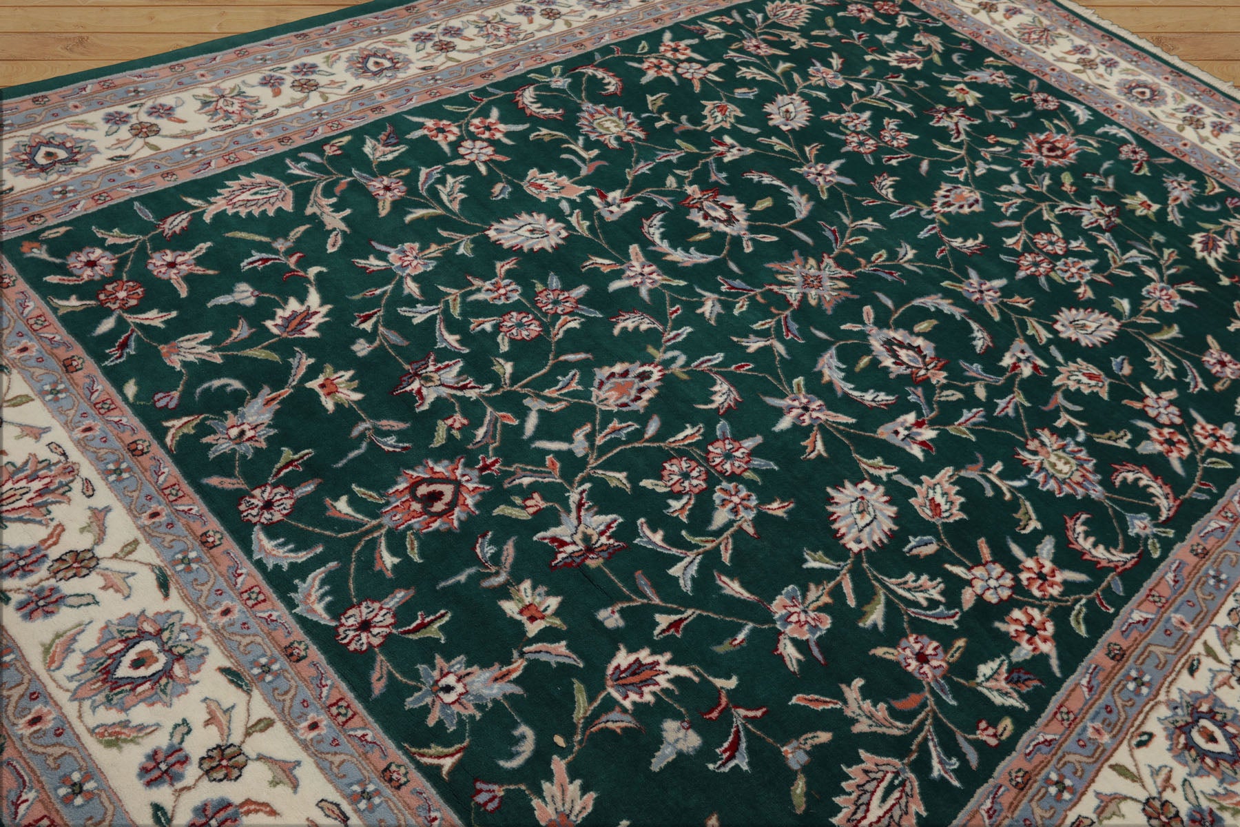 8x10 Emerald, Ivory, Rose Color Hand Knotted Jahan Wool Traditional Oriental Rug