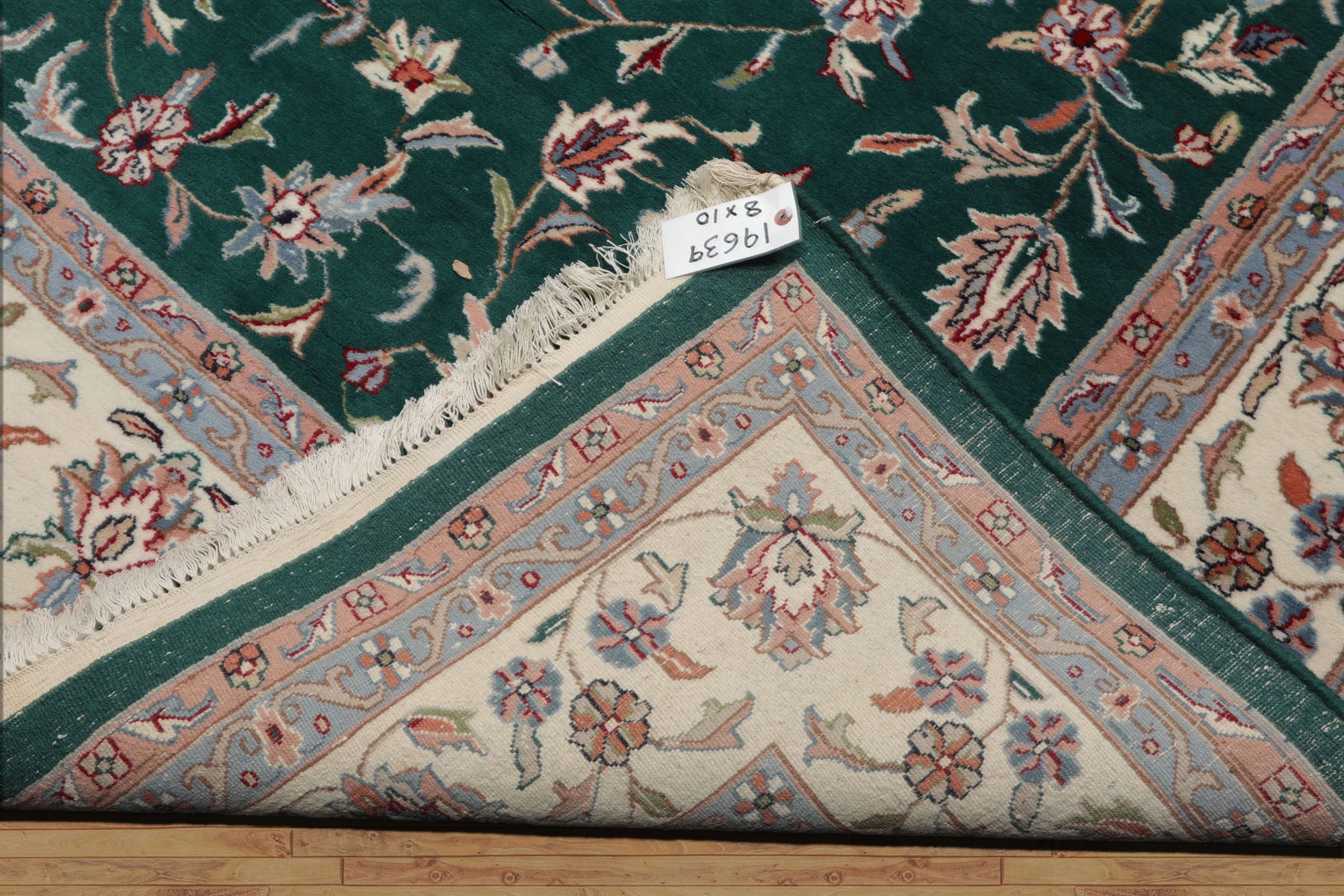 8x10 Emerald, Ivory, Rose Color Hand Knotted Jahan Wool Traditional Oriental Rug