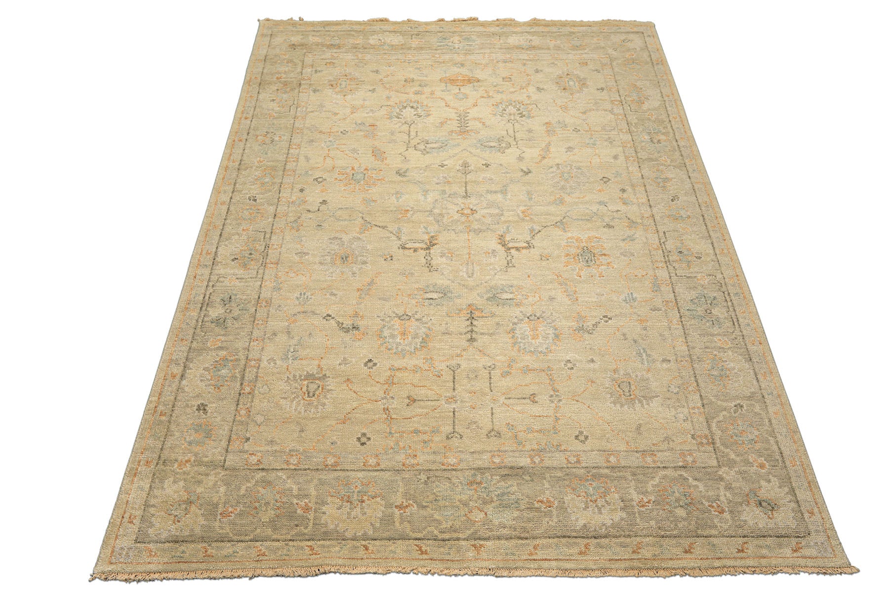8'6x11'6 Faded Mint, Beige, Peach Color Hand Knotted Oushak Wool Arts & Crafts Oriental Rug