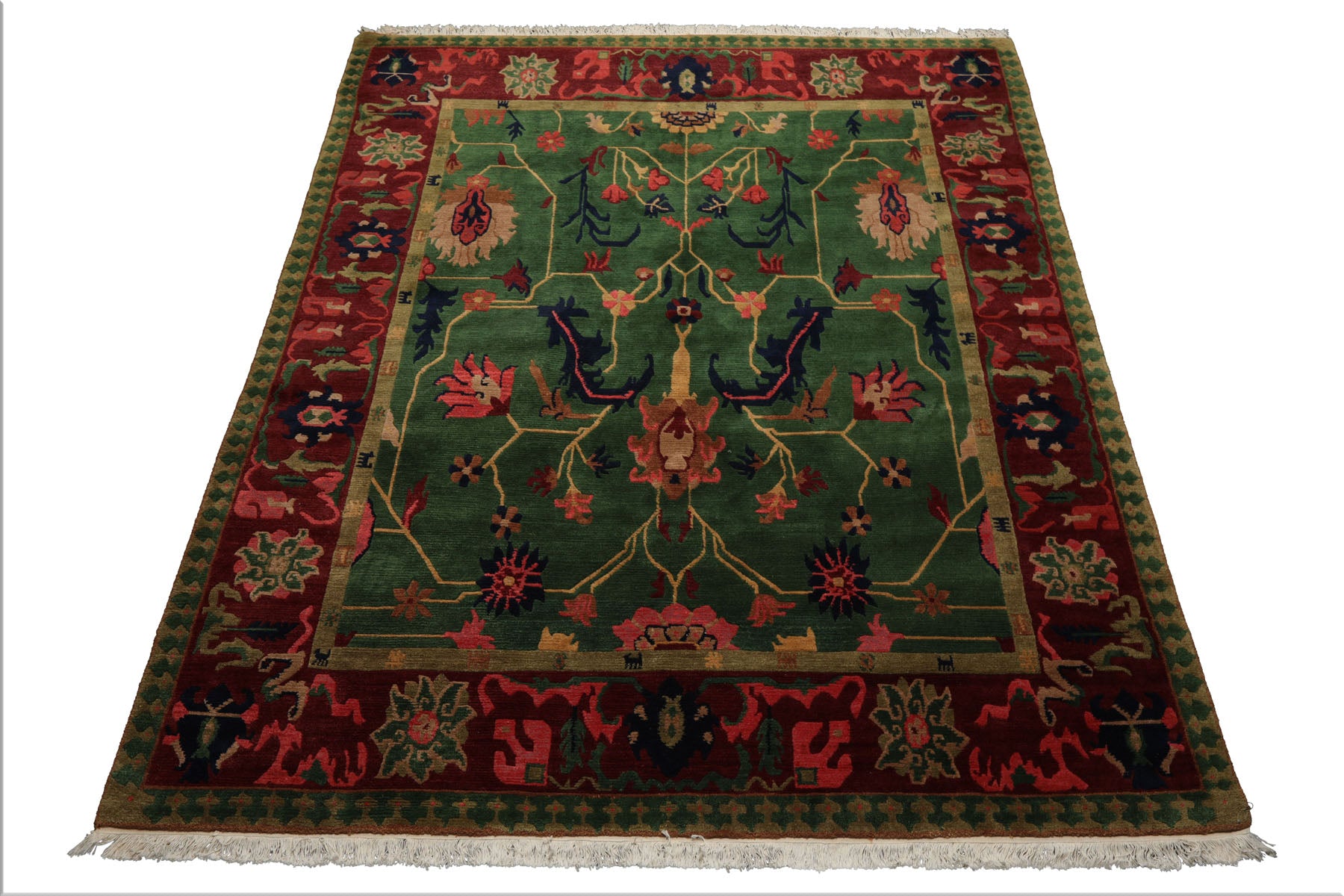 8x10 Green, Maroon, Lime Color Hand Knotted Tibetan Wool Arts & Crafts Oriental Rug