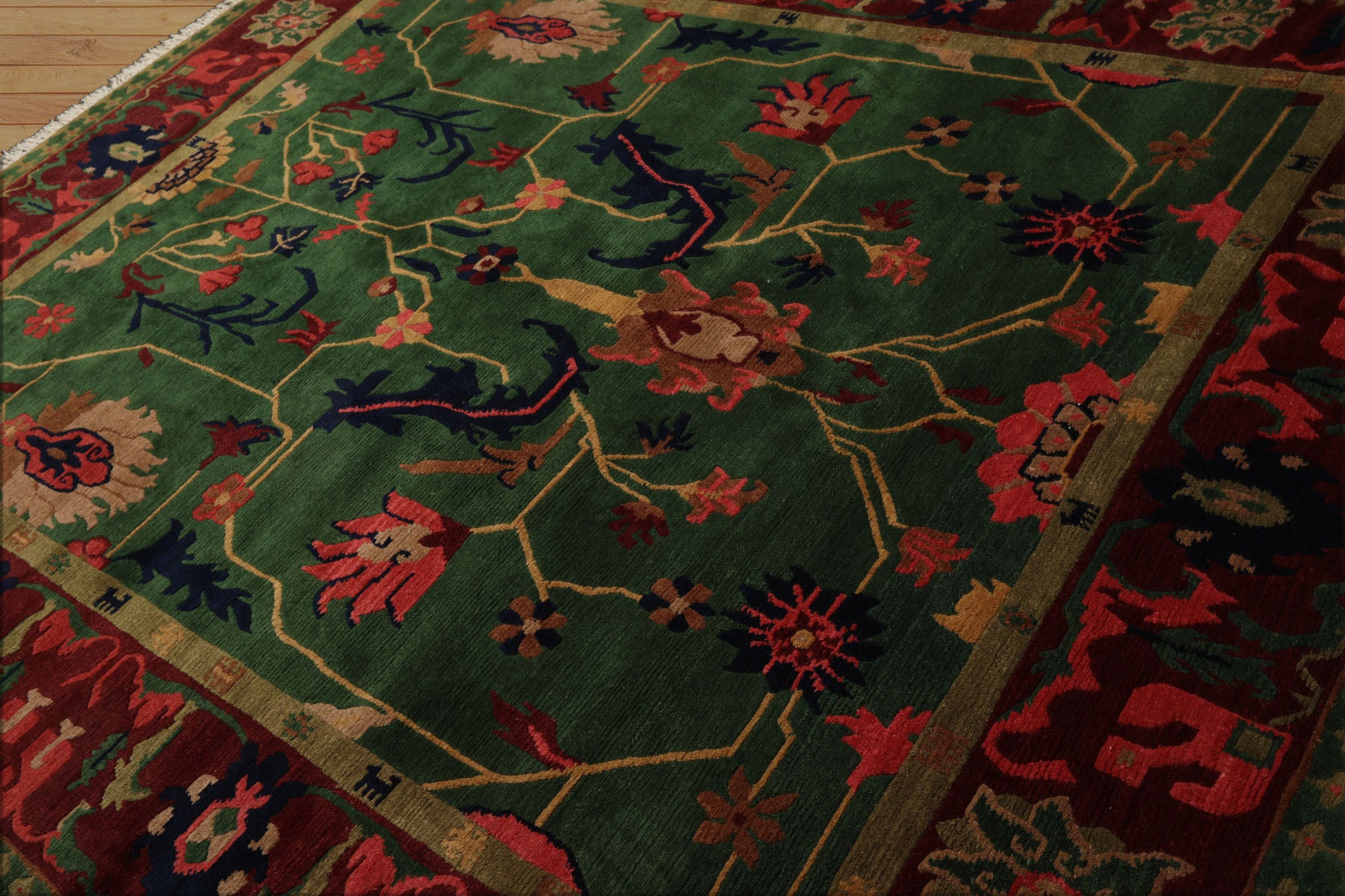 8x10 Green, Maroon, Lime Color Hand Knotted Tibetan Wool Arts & Crafts Oriental Rug