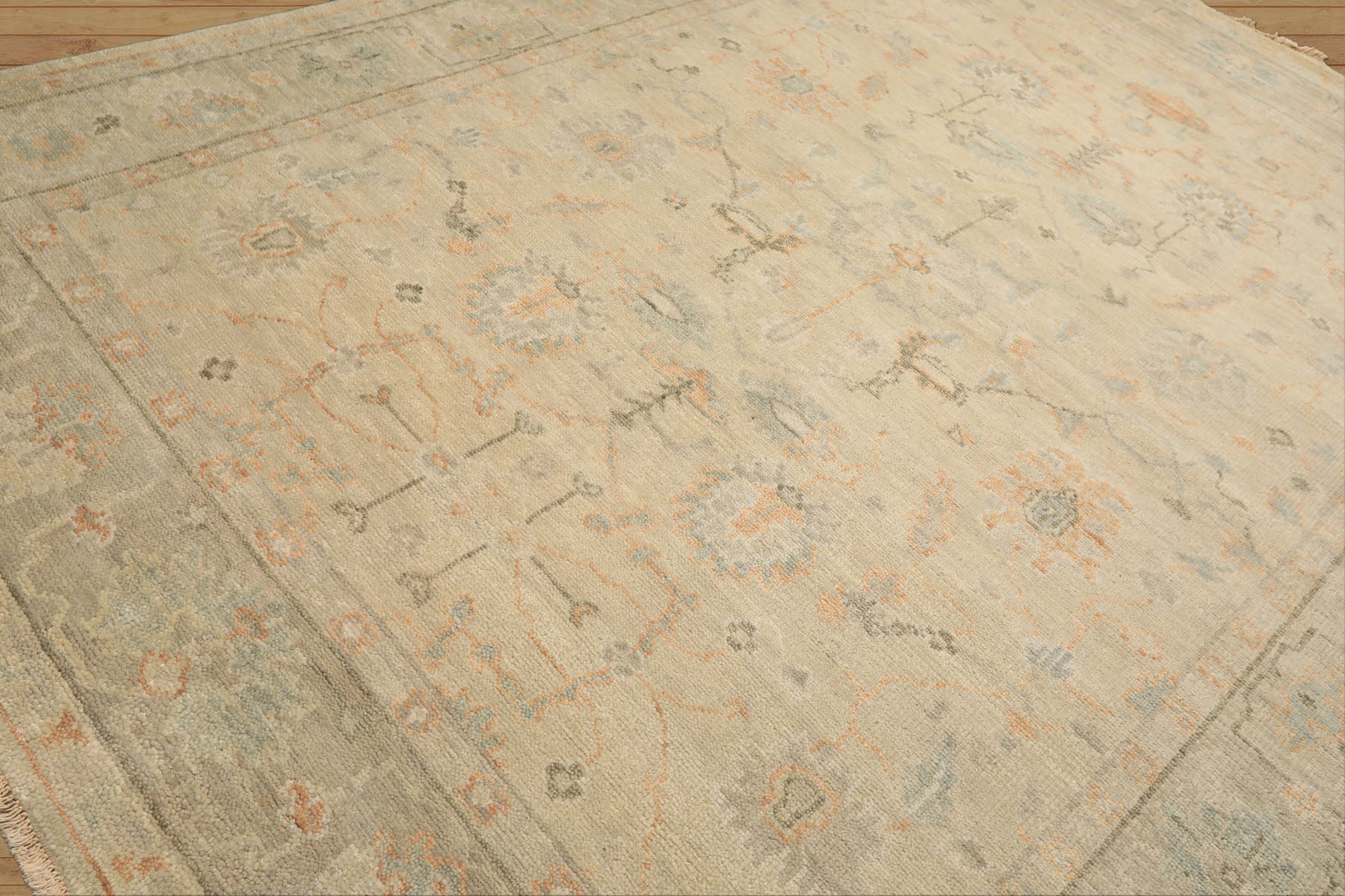 8'6x11'6 Faded Mint, Beige, Peach Color Hand Knotted Oushak Wool Arts & Crafts Oriental Rug