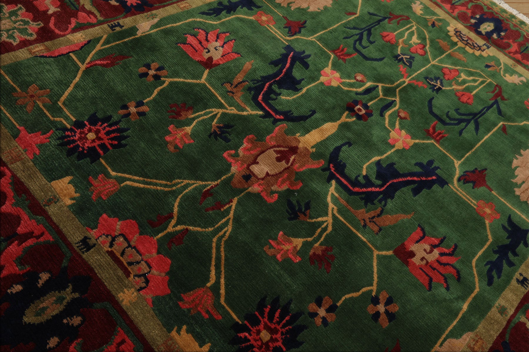 8x10 Green, Maroon, Lime Color Hand Knotted Tibetan Wool Arts & Crafts Oriental Rug