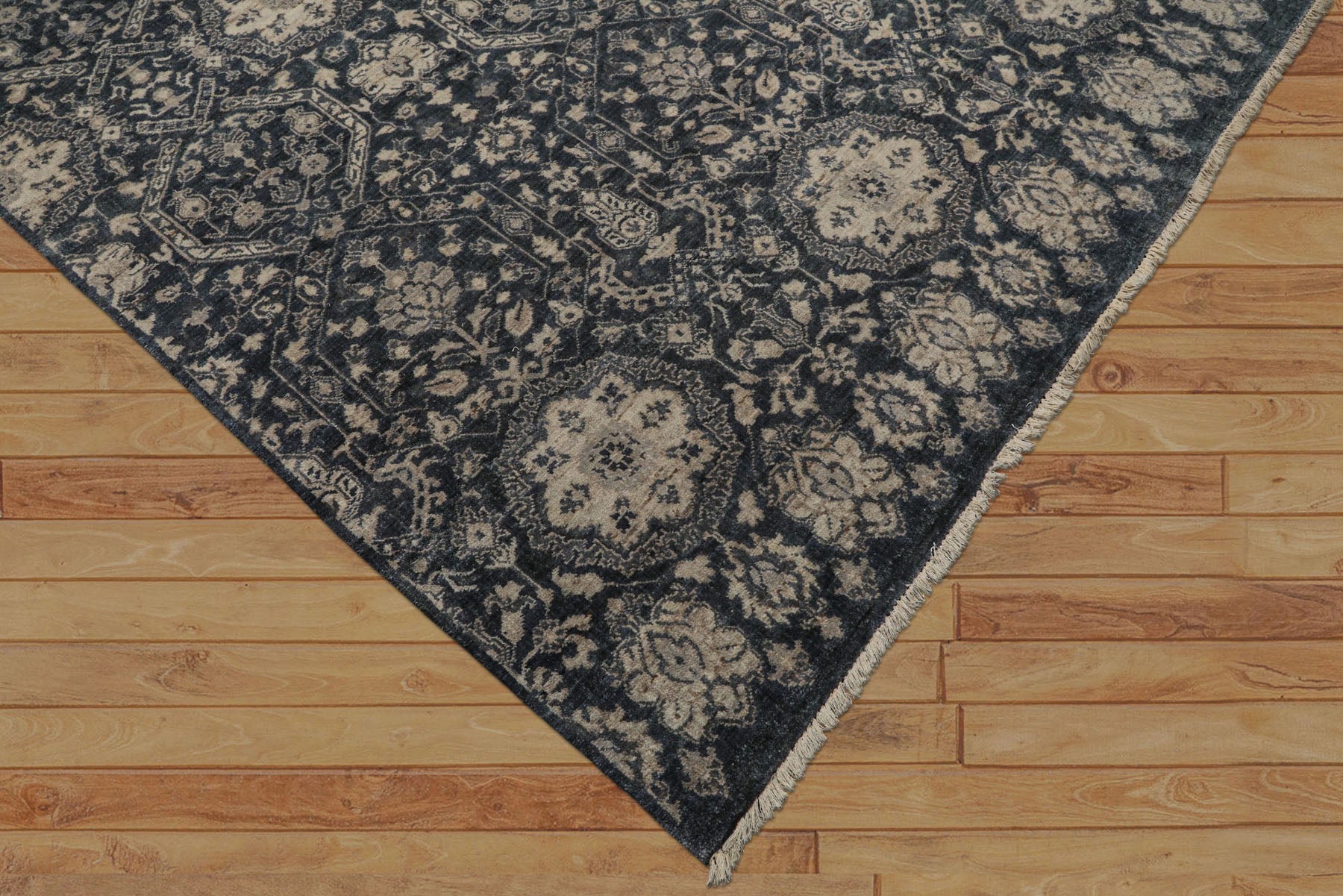 6x9 Navy, Gray, Aqua Color Hand Knotted Agra Wool Transitional Oriental Rug