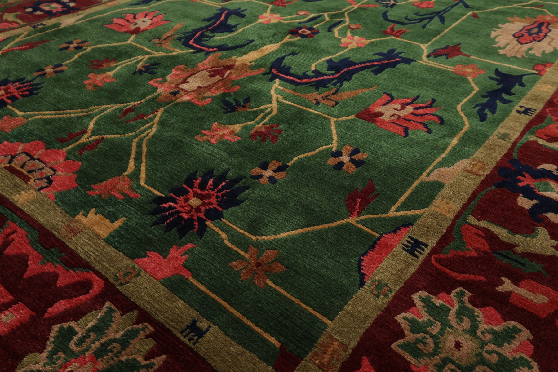 8x10 Green, Maroon, Lime Color Hand Knotted Tibetan Wool Arts & Crafts Oriental Rug