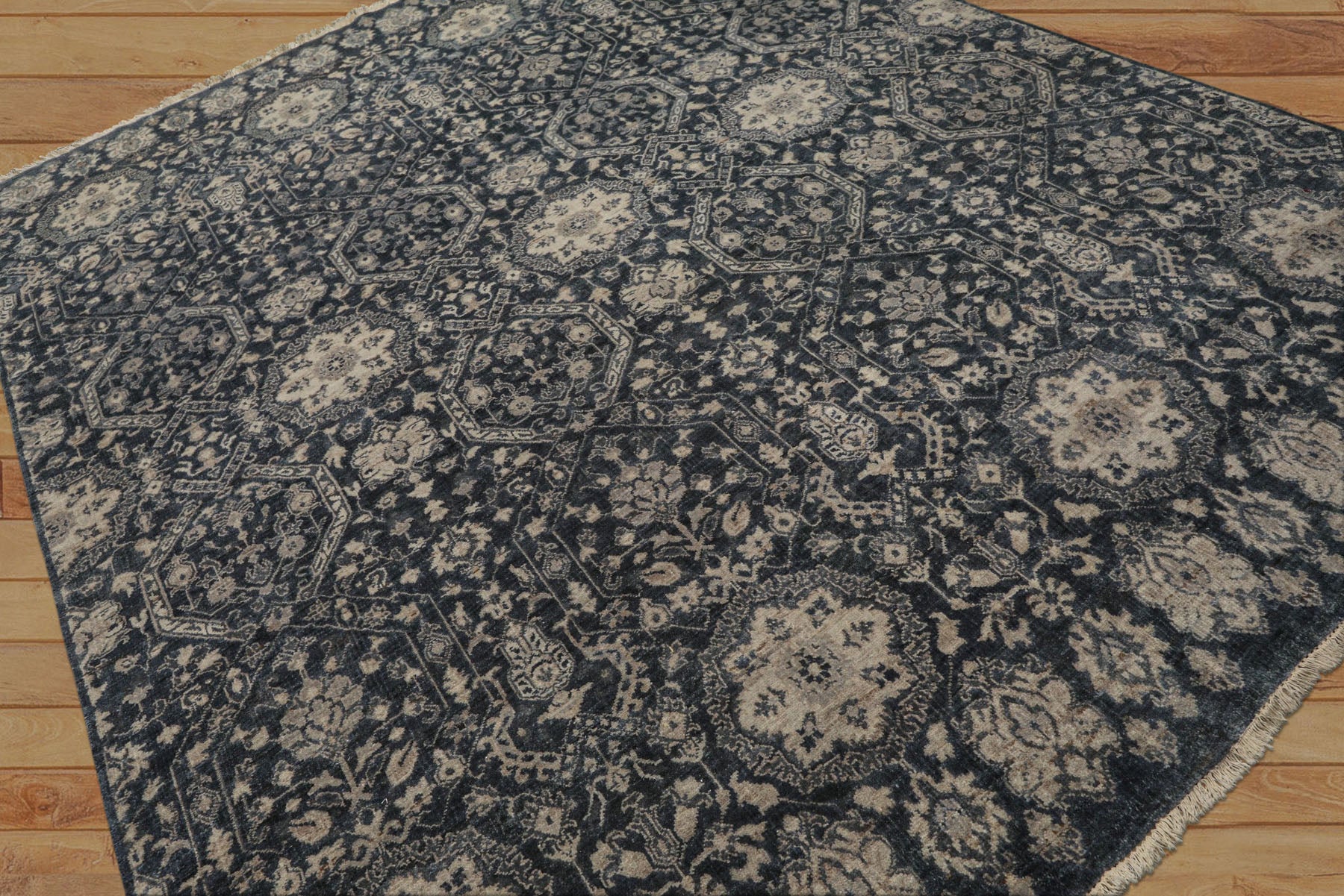 6x9 Navy, Gray, Aqua Color Hand Knotted Agra Wool Transitional Oriental Rug