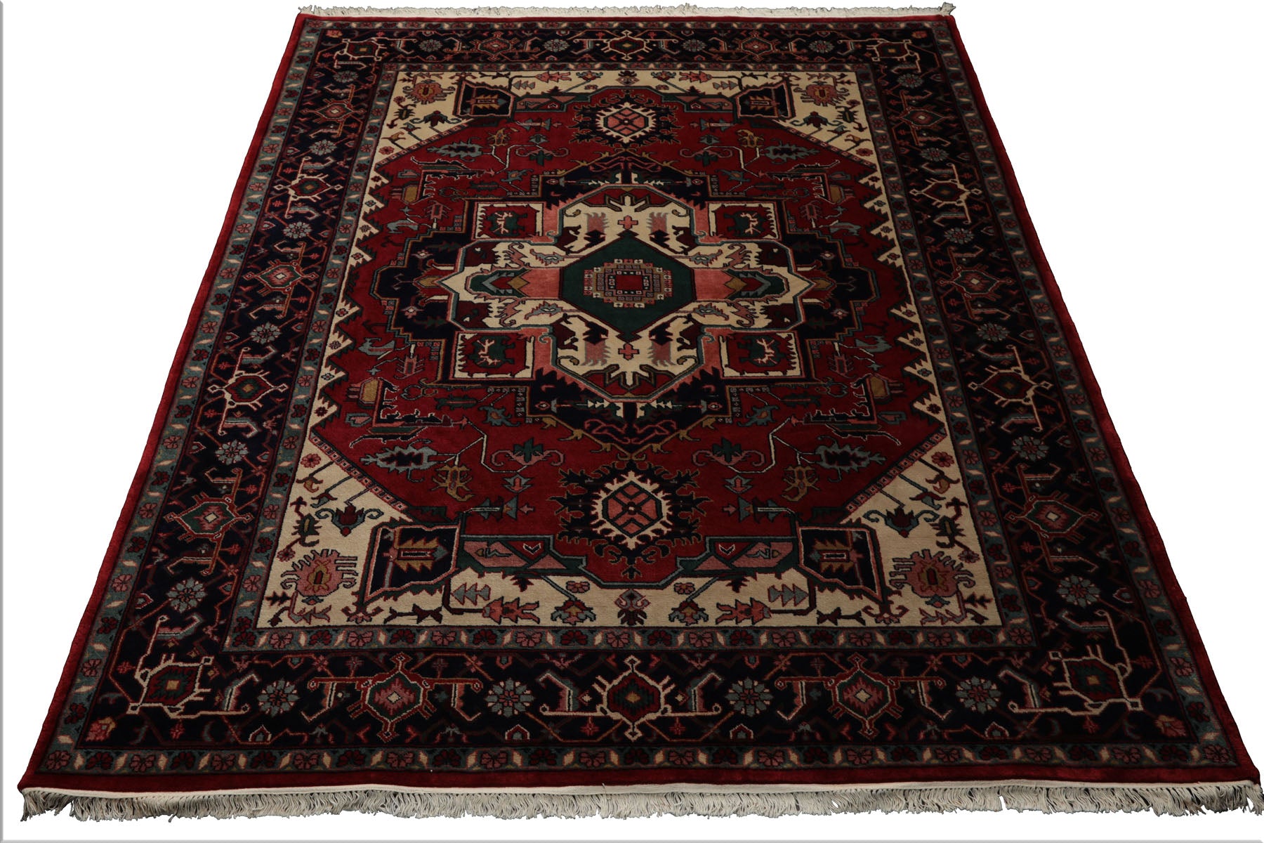 8x10 Rust, Ivory, Navy Color Hand Knotted Heriz Wool Traditional Oriental Rug