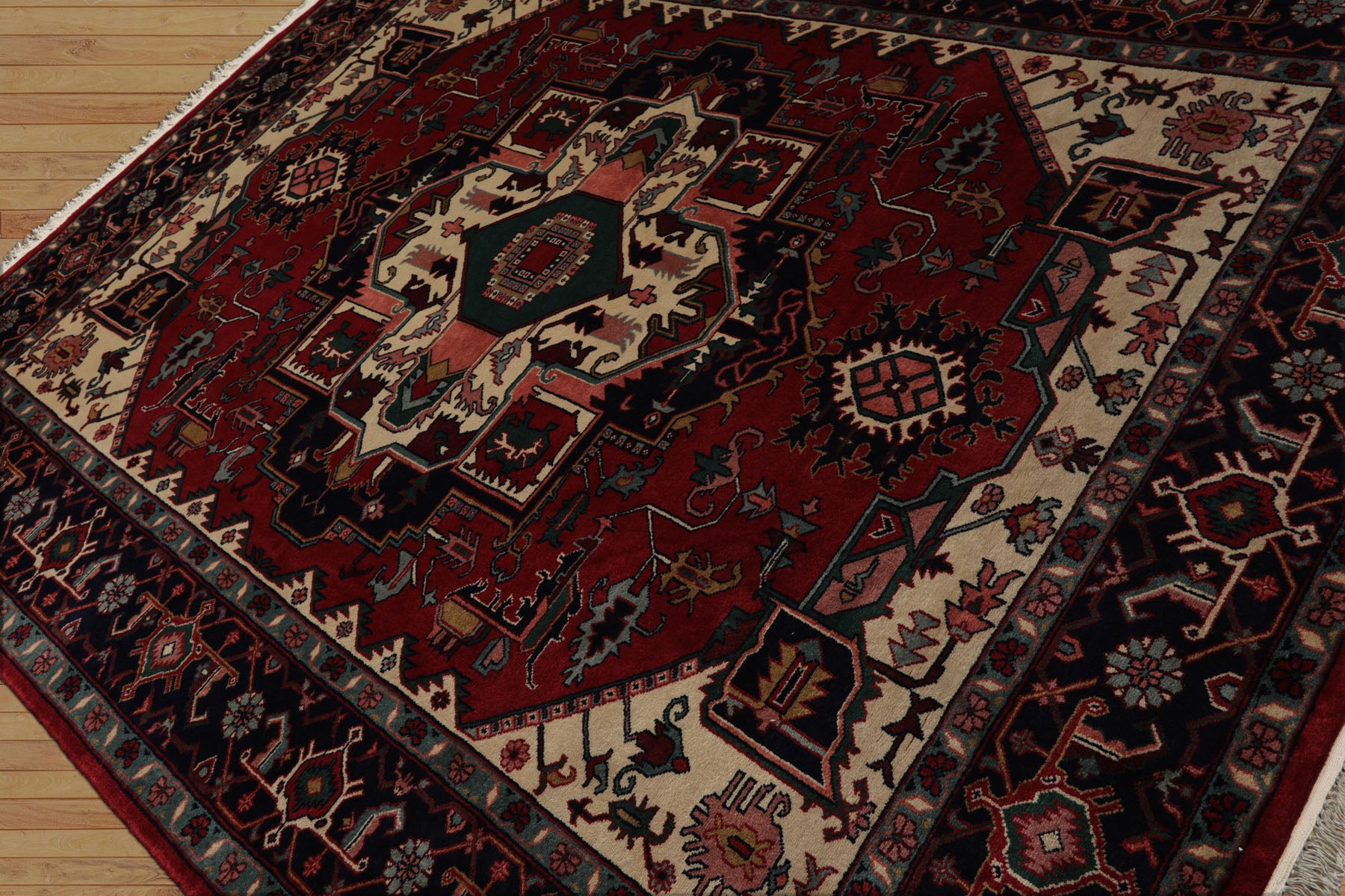 8x10 Rust, Ivory, Navy Color Hand Knotted Heriz Wool Traditional Oriental Rug