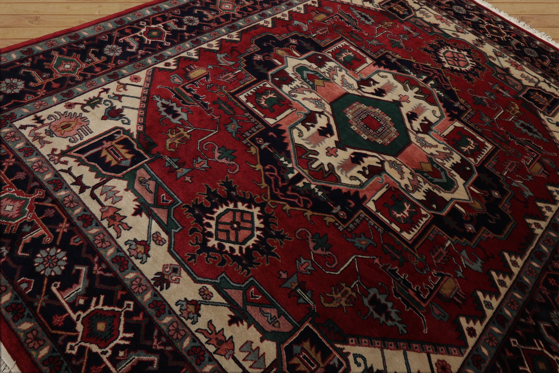 8x10 Rust, Ivory, Navy Color Hand Knotted Heriz Wool Traditional Oriental Rug