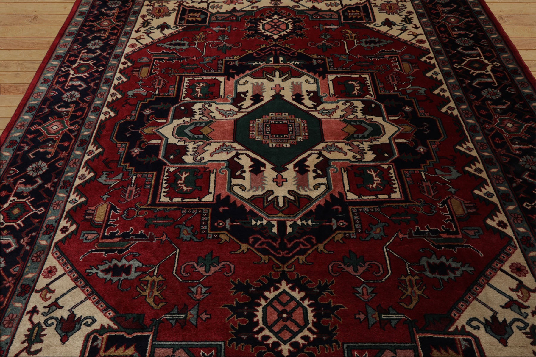 8x10 Rust, Ivory, Navy Color Hand Knotted Heriz Wool Traditional Oriental Rug