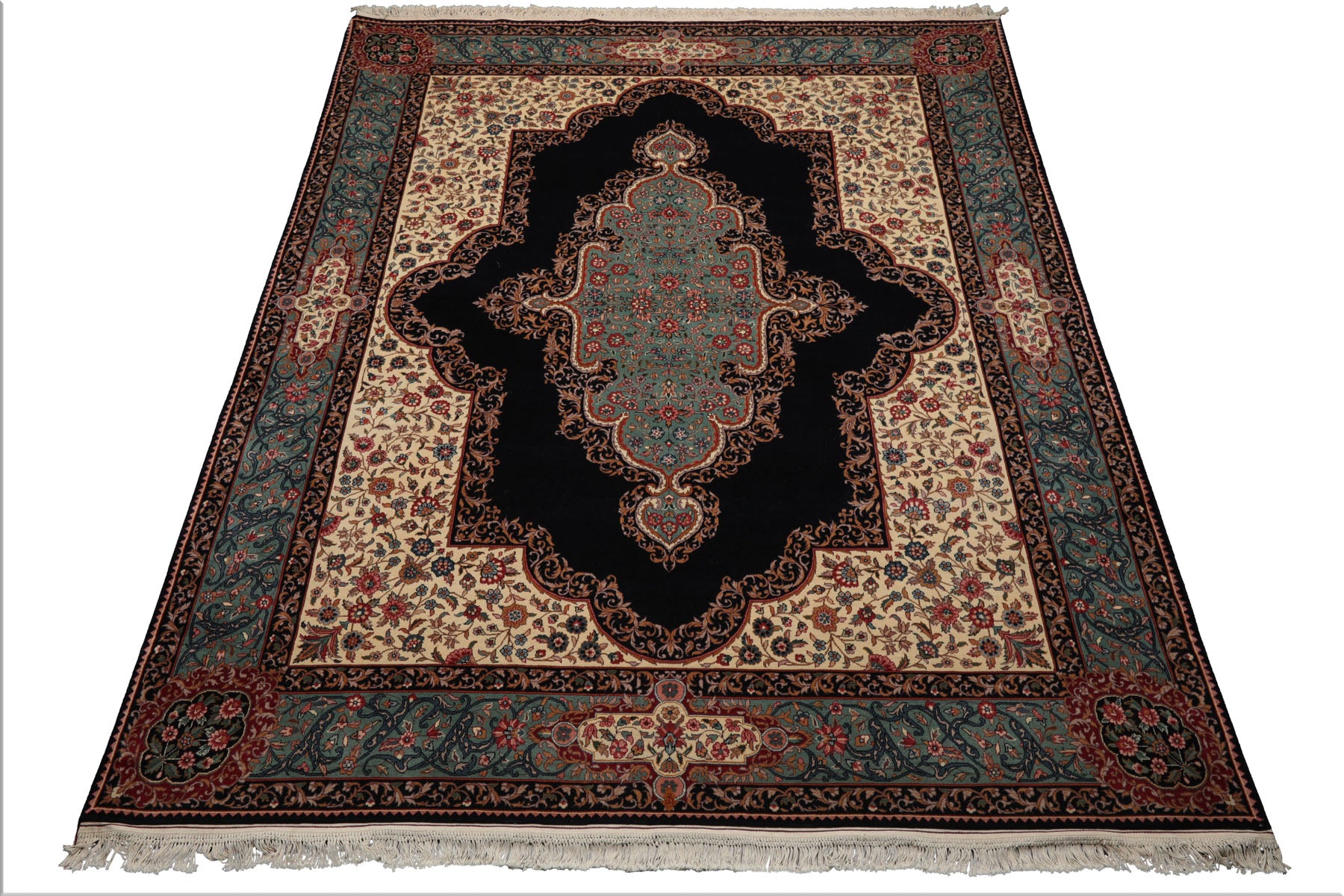 8x10 Midnight Blue, Ivory, Teal Color Hand Knotted Pak Persian Kerman Wool Traditional Oriental Rug