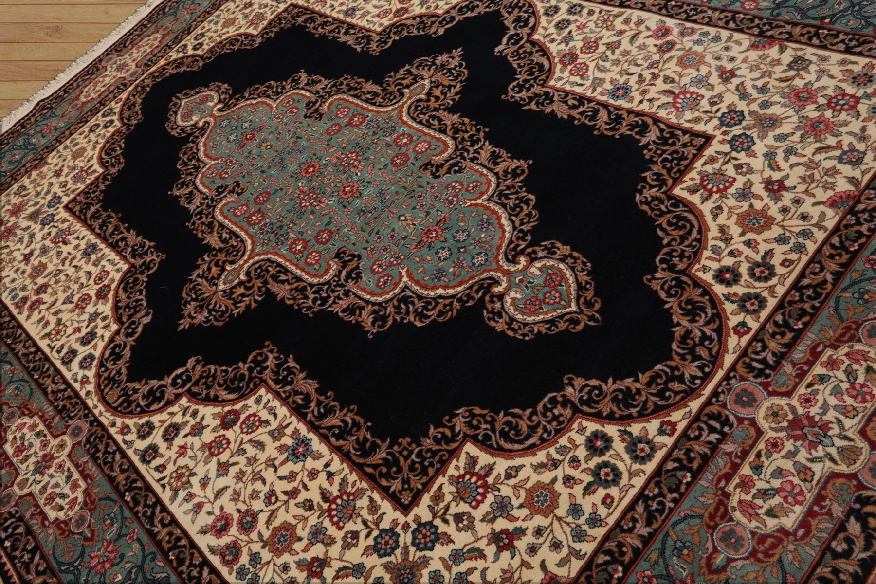 8x10 Midnight Blue, Ivory, Teal Color Hand Knotted Pak Persian Kerman Wool Traditional Oriental Rug