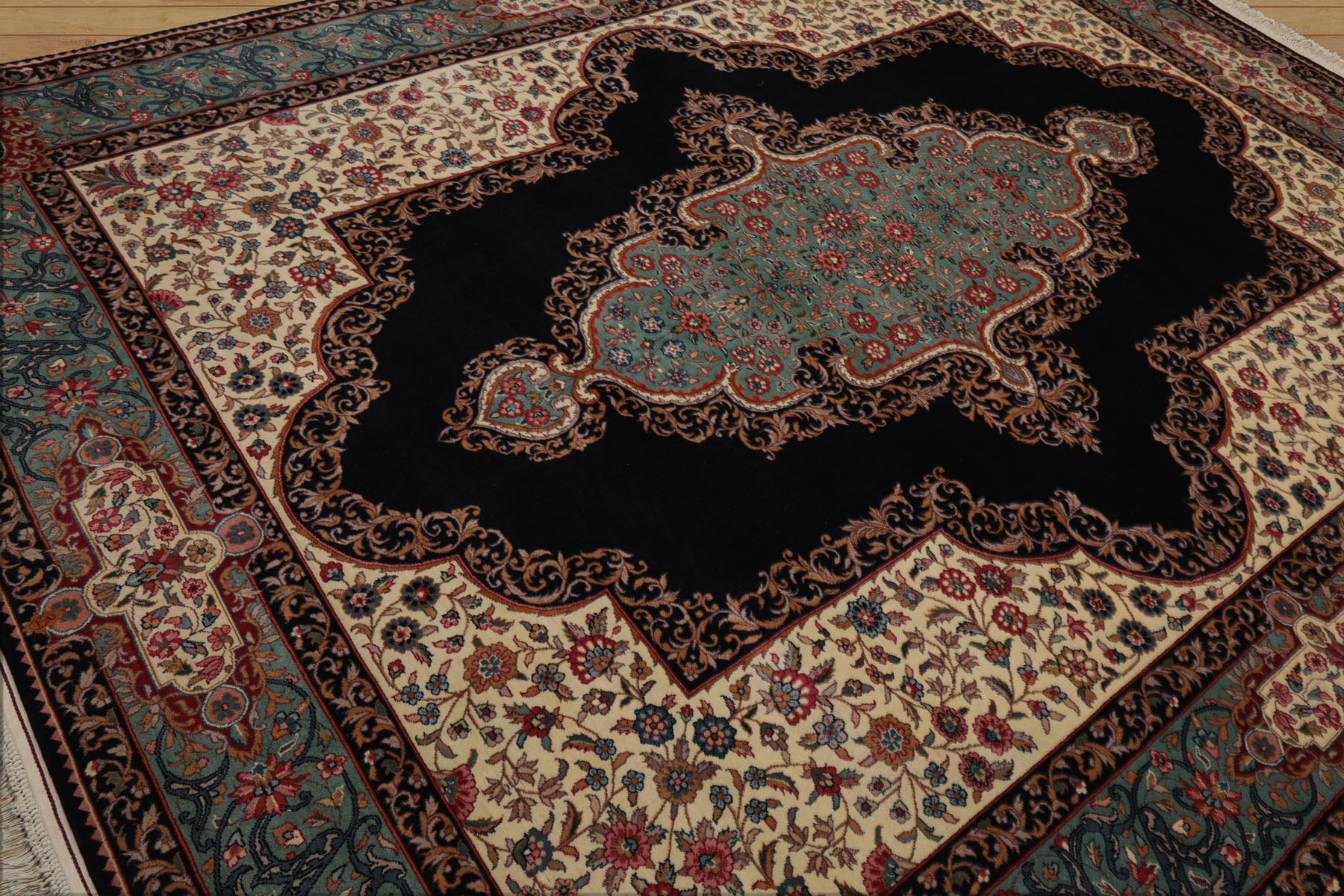 8x10 Midnight Blue, Ivory, Teal Color Hand Knotted Pak Persian Kerman Wool Traditional Oriental Rug
