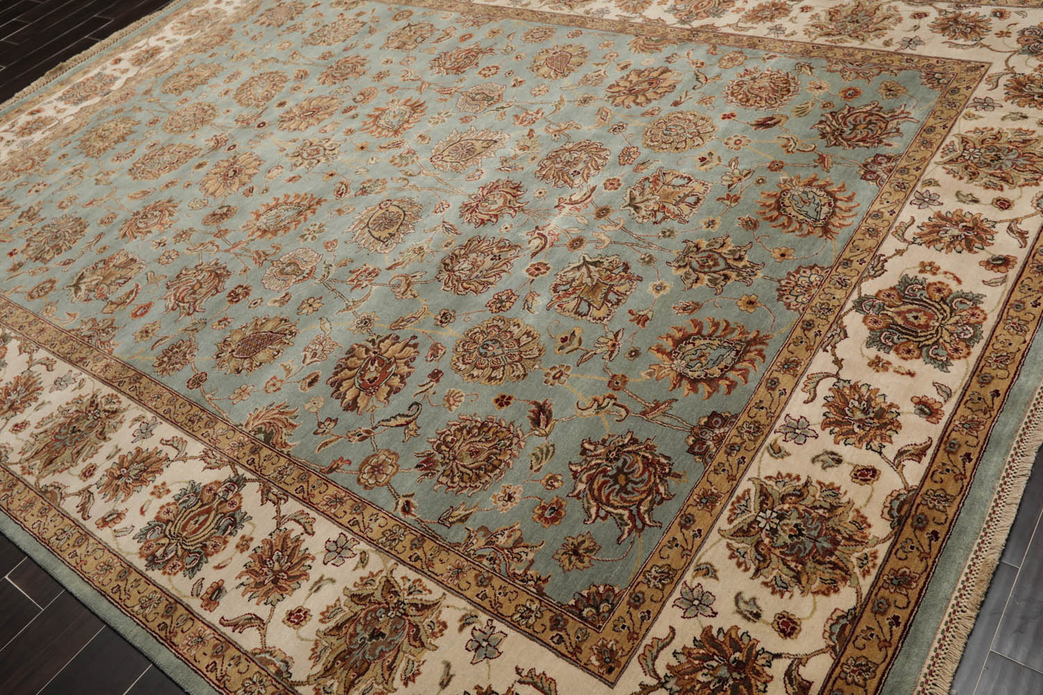 9x12 Aqua, Ivory, Rust Color Hand Knotted All-Over 100% Wool Traditional Oriental Rug