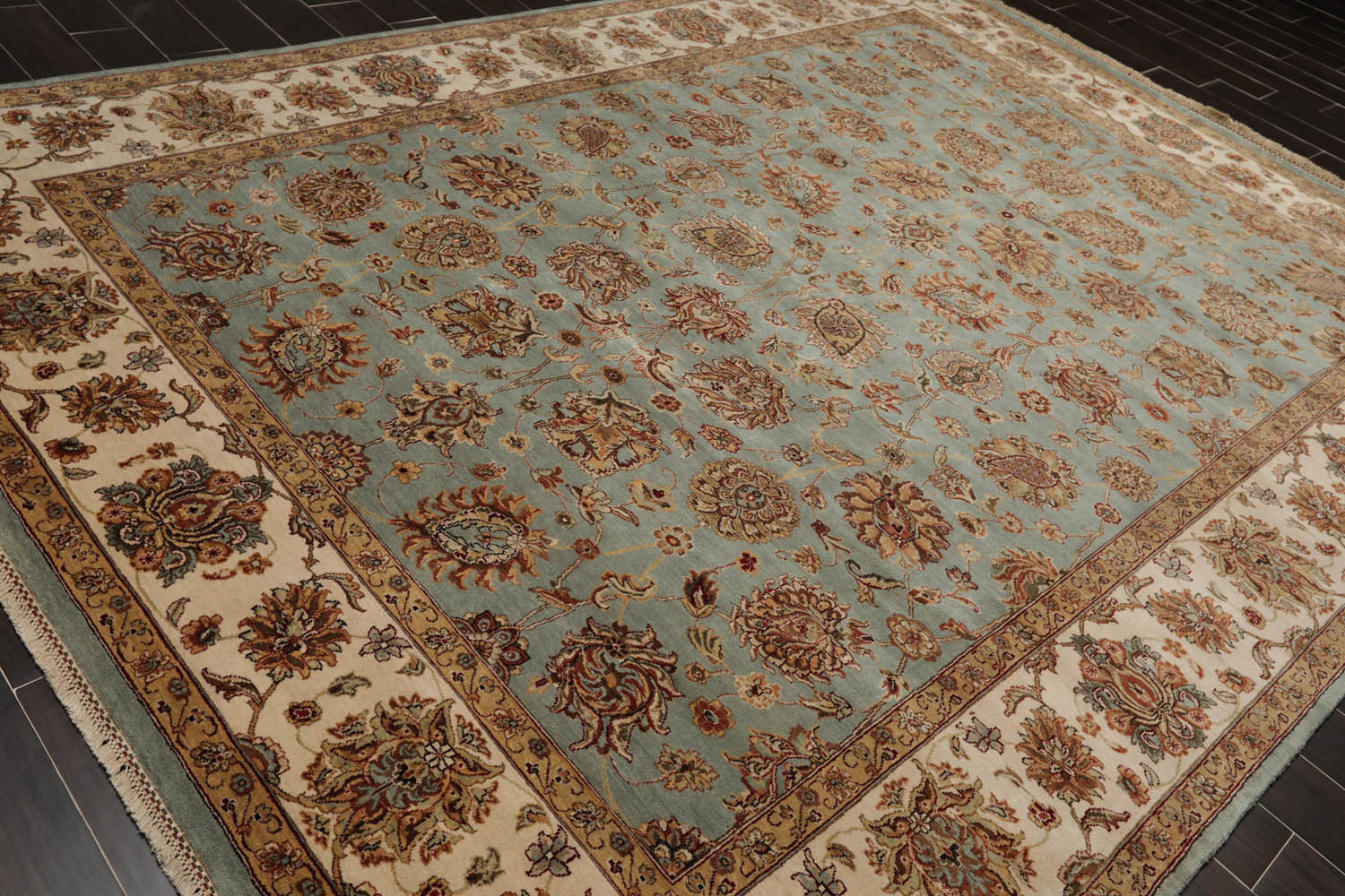 9x12 Aqua, Ivory, Rust Color Hand Knotted All-Over 100% Wool Traditional Oriental Rug