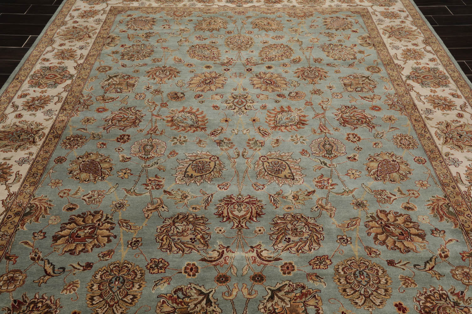 9x12 Aqua, Ivory, Rust Color Hand Knotted All-Over 100% Wool Traditional Oriental Rug