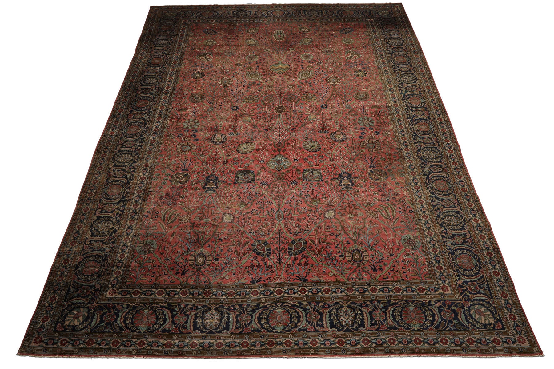 Oversize Antique Rose, Navy, Brown Color Hand Knotted Sarouk Wool Traditional Oriental Rug