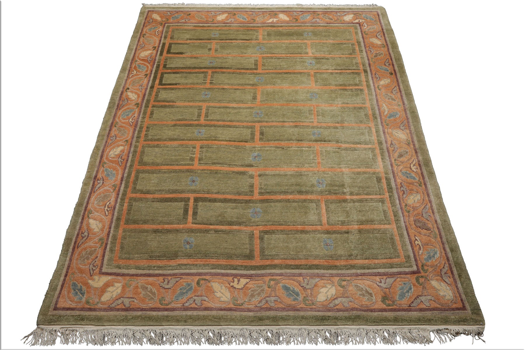 8x11 Mint, Peach, Aubergine Color Hand Knotted Tibetan Wool Arts & Crafts Oriental Rug