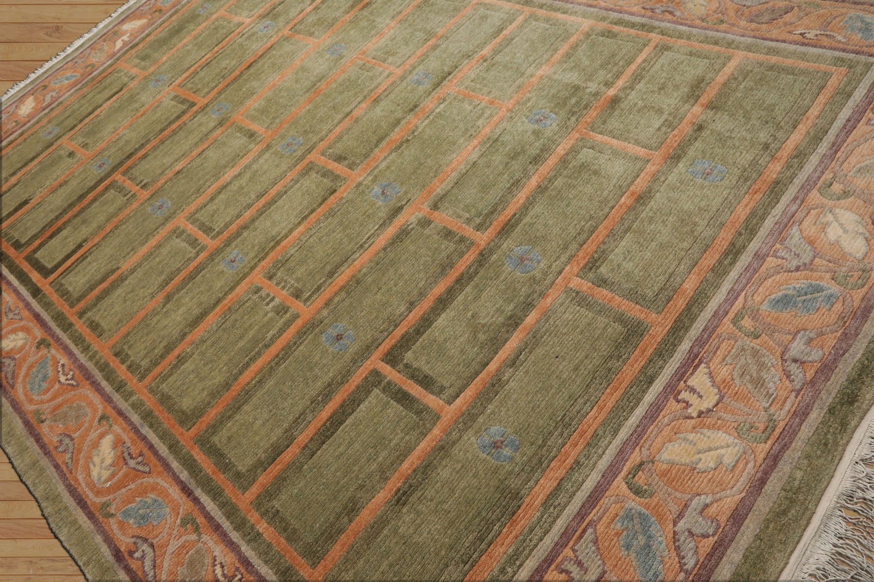 8x11 Mint, Peach, Aubergine Color Hand Knotted Tibetan Wool Arts & Crafts Oriental Rug