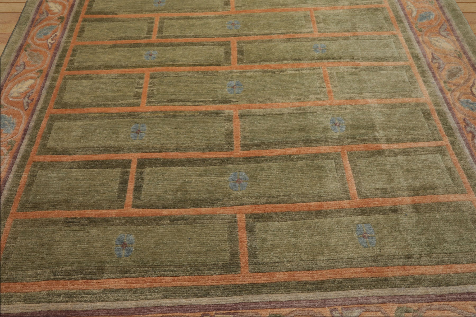 8x11 Mint, Peach, Aubergine Color Hand Knotted Tibetan Wool Arts & Crafts Oriental Rug