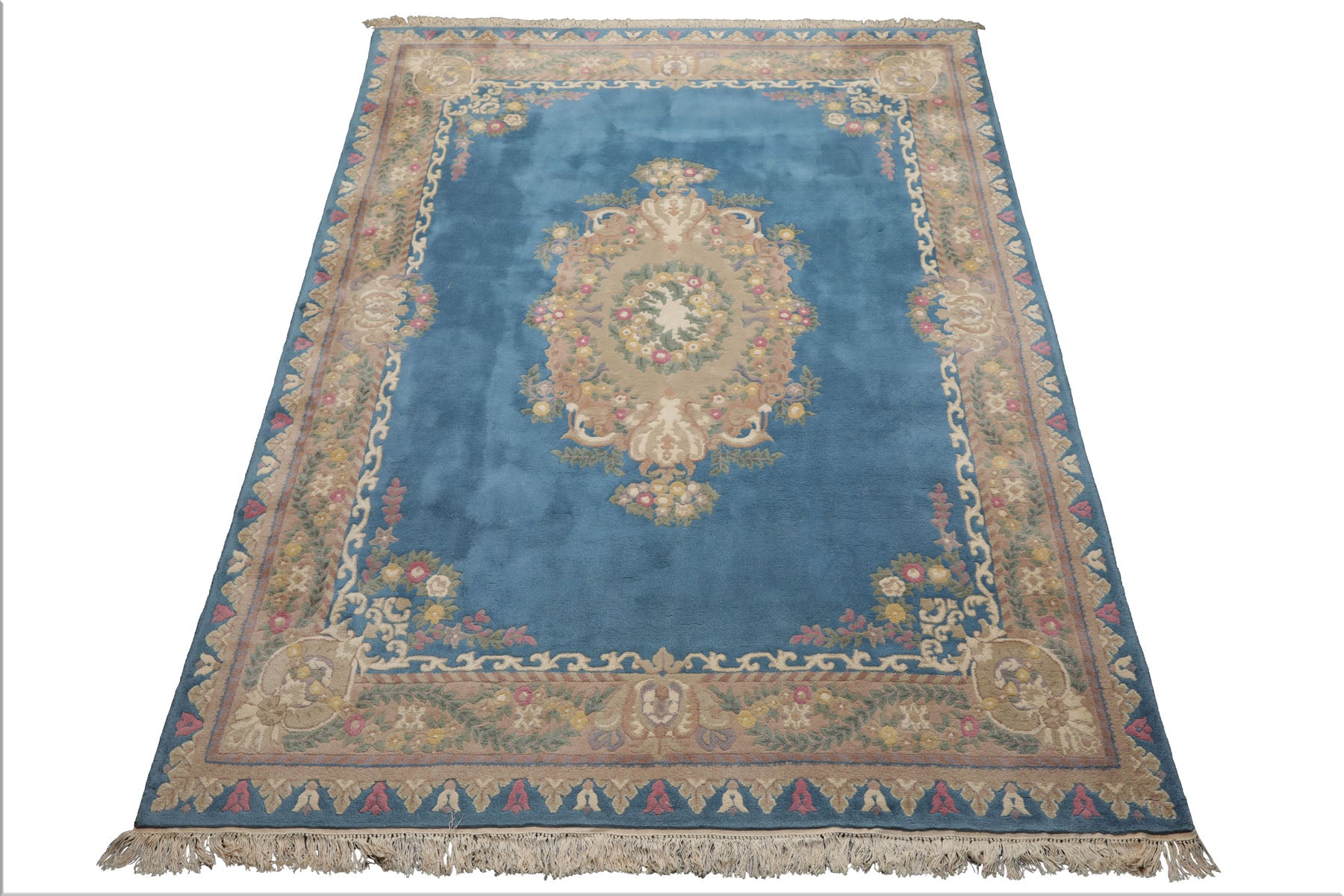 8x10 Baby Blue, Beige, Rose Color Hand Knotted French Aubusson Savonnerie Wool Traditional Oriental Rug