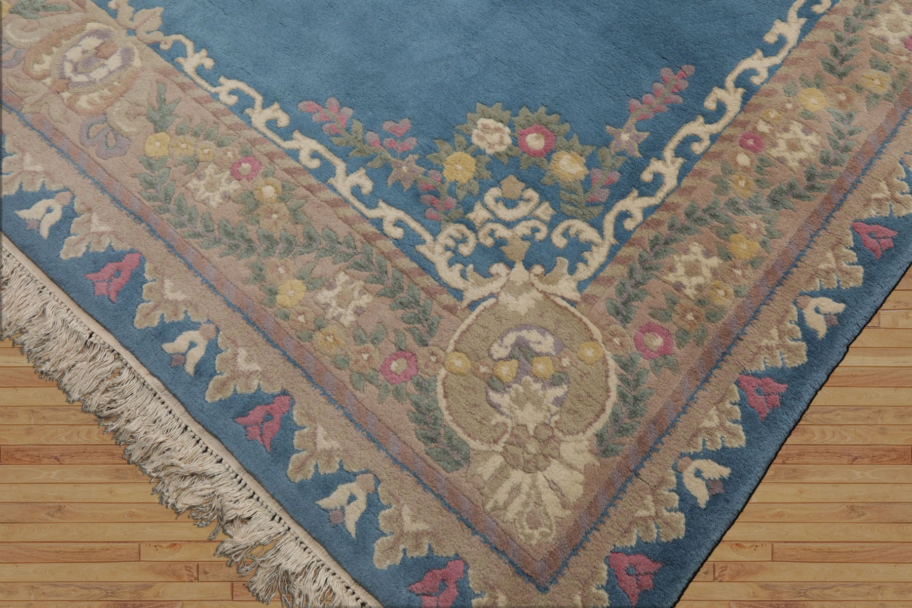 8x10 Baby Blue, Beige, Rose Color Hand Knotted French Aubusson Savonnerie Wool Traditional Oriental Rug