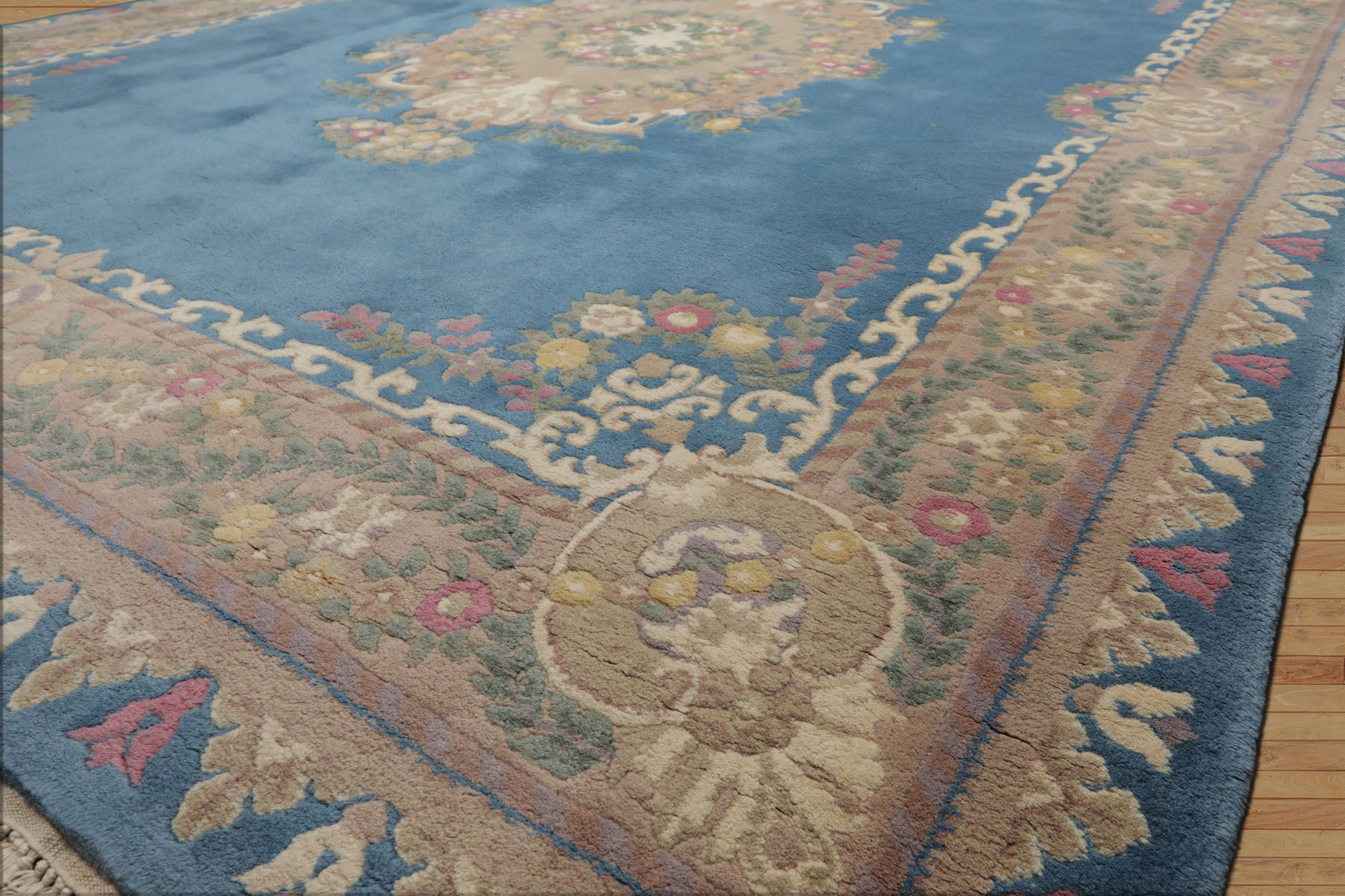 8x10 Baby Blue, Beige, Rose Color Hand Knotted French Aubusson Savonnerie Wool Traditional Oriental Rug