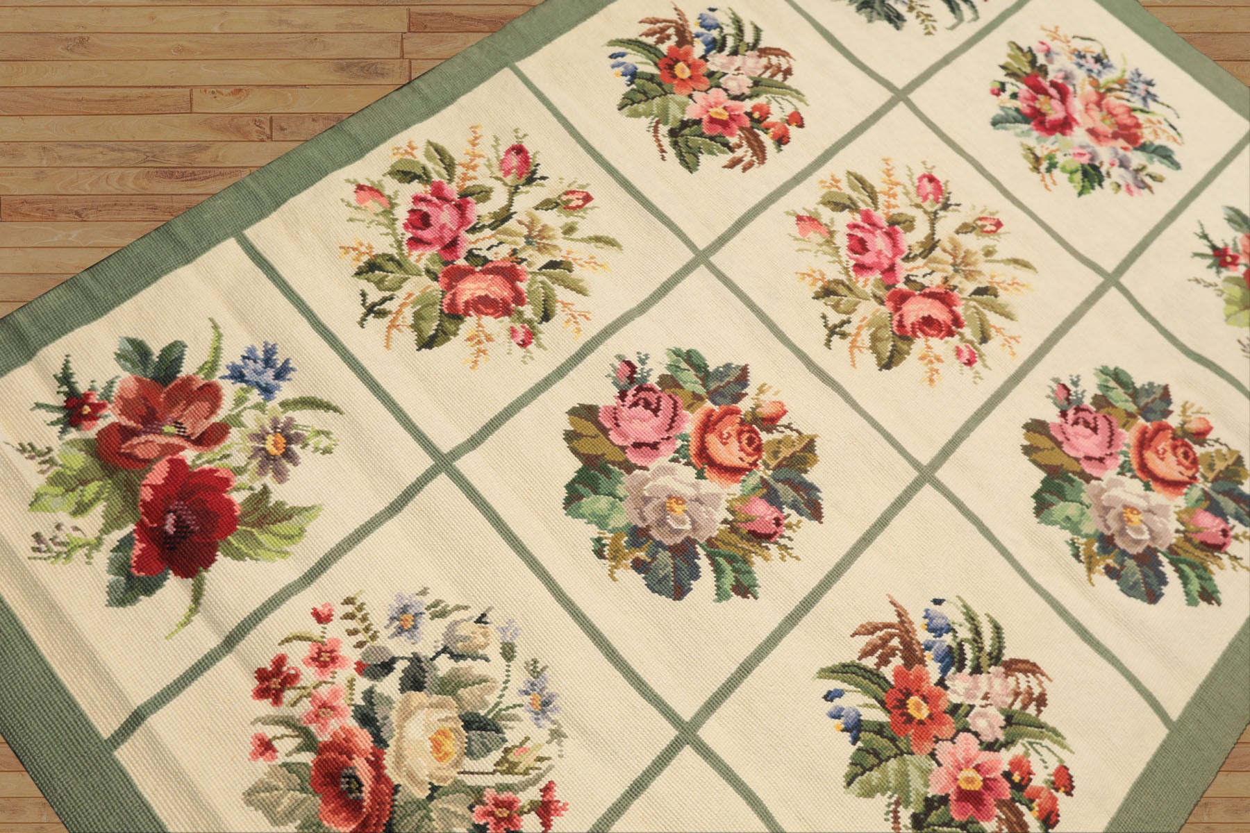 4x6 Ivory, Sage, Red Color Hand Woven Portugese Needlepoint Wool Traditional Oriental Rug