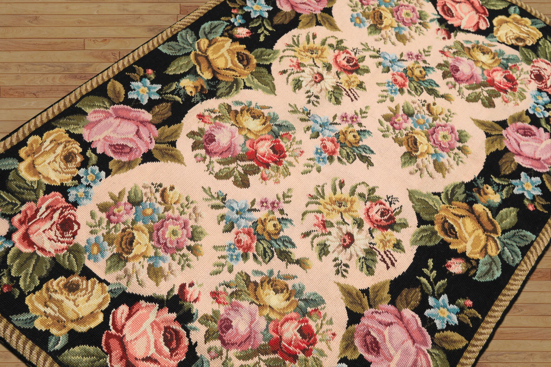 4x6 Blush, Black, Green Color Hand Woven French Needlepoint Wool Traditional Oriental Rug