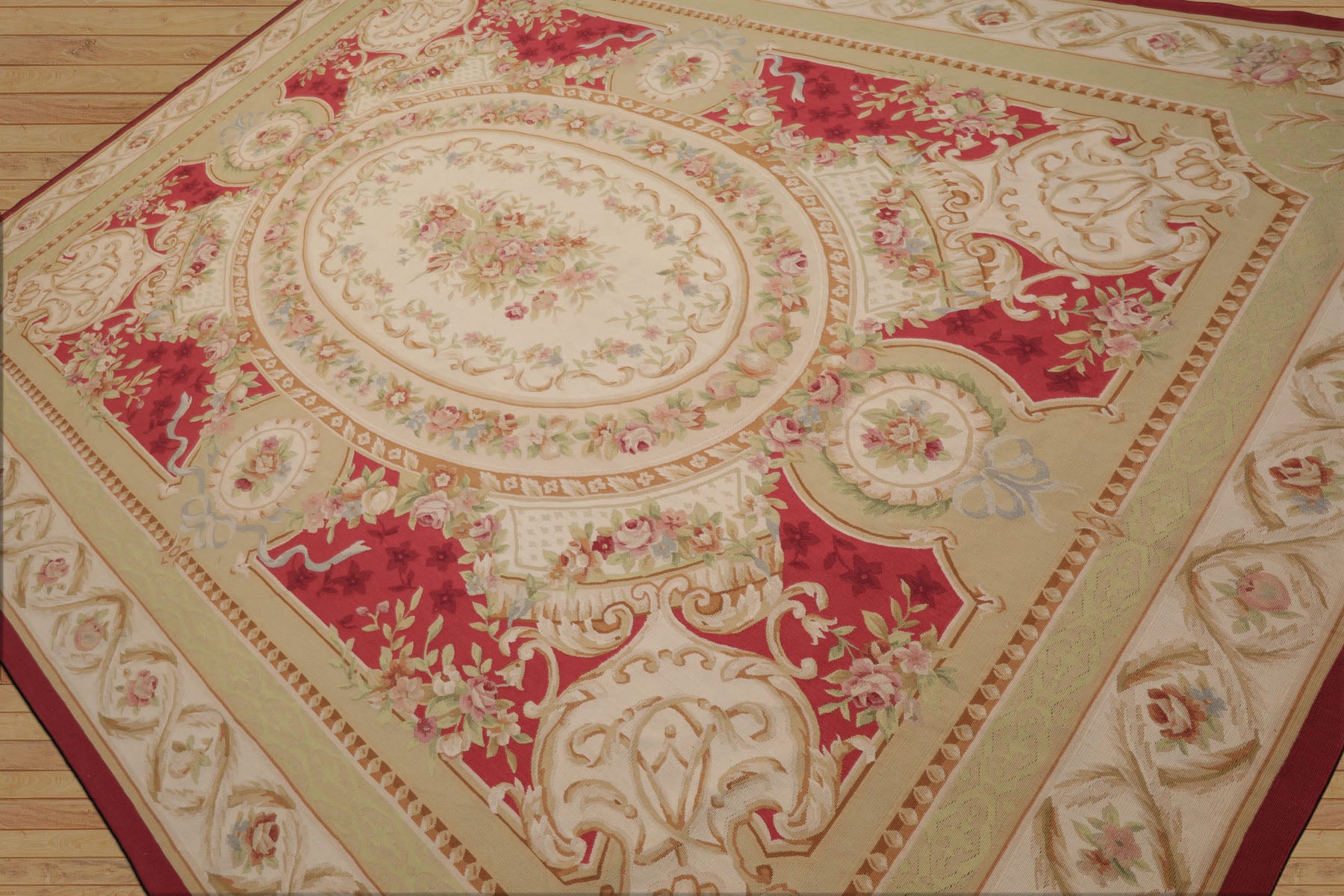 9x12 Crimson, Ivory, Mint Color Hand Woven French Aubusson Flatweave Wool Traditional Oriental Rug