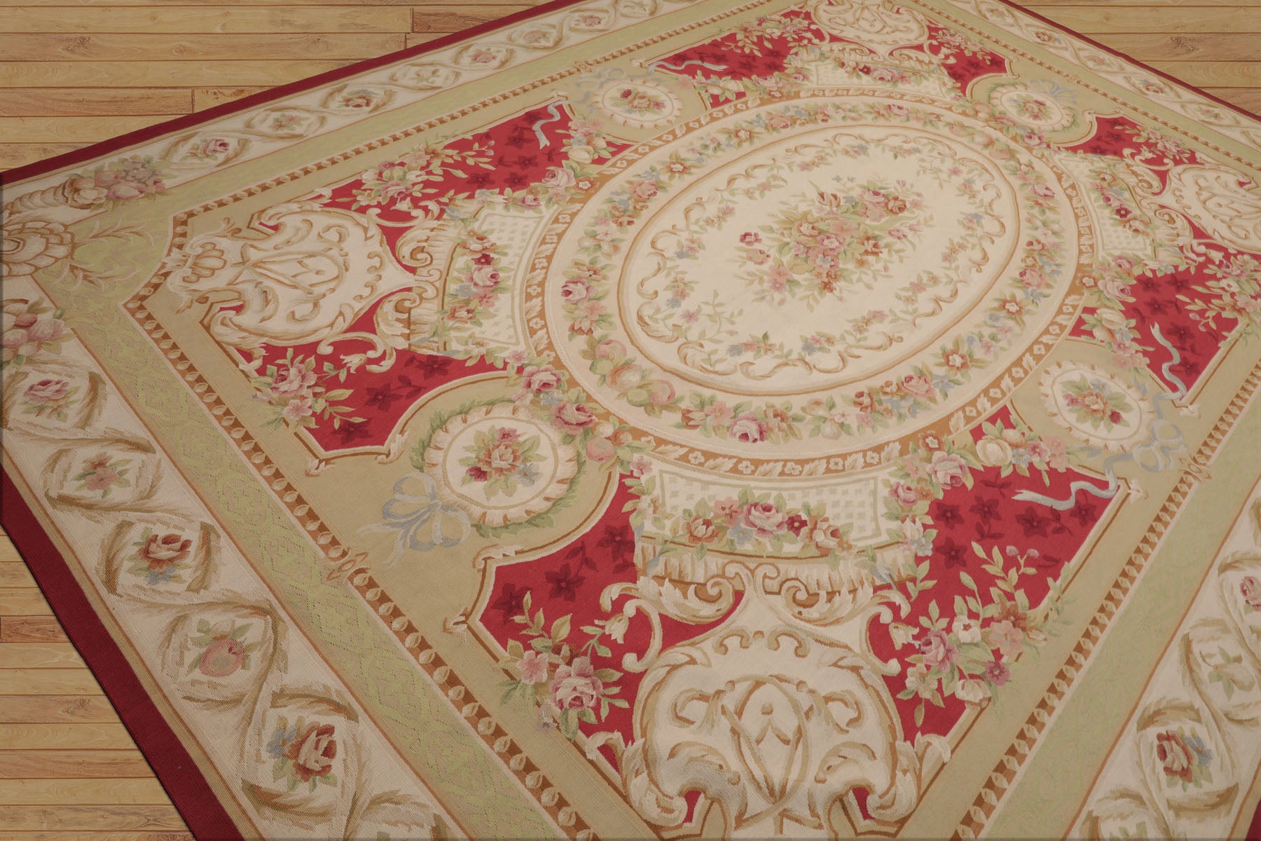 9x12 Crimson, Ivory, Mint Color Hand Woven French Aubusson Flatweave Wool Traditional Oriental Rug