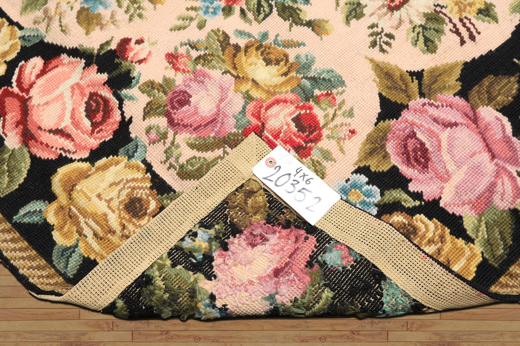 4x6 Blush, Black, Green Color Hand Woven French Needlepoint Wool Traditional Oriental Rug