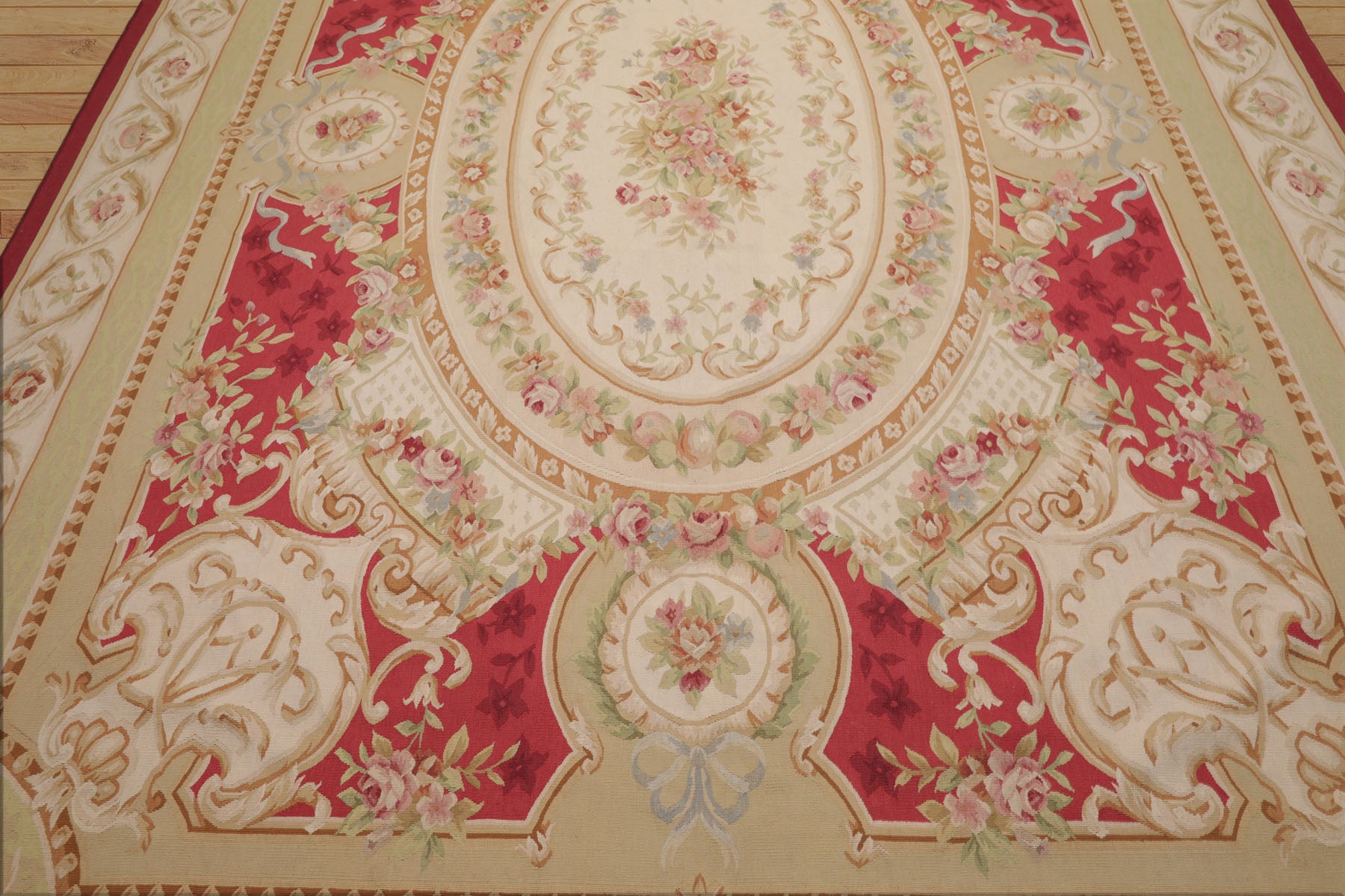 9x12 Crimson, Ivory, Mint Color Hand Woven French Aubusson Flatweave Wool Traditional Oriental Rug