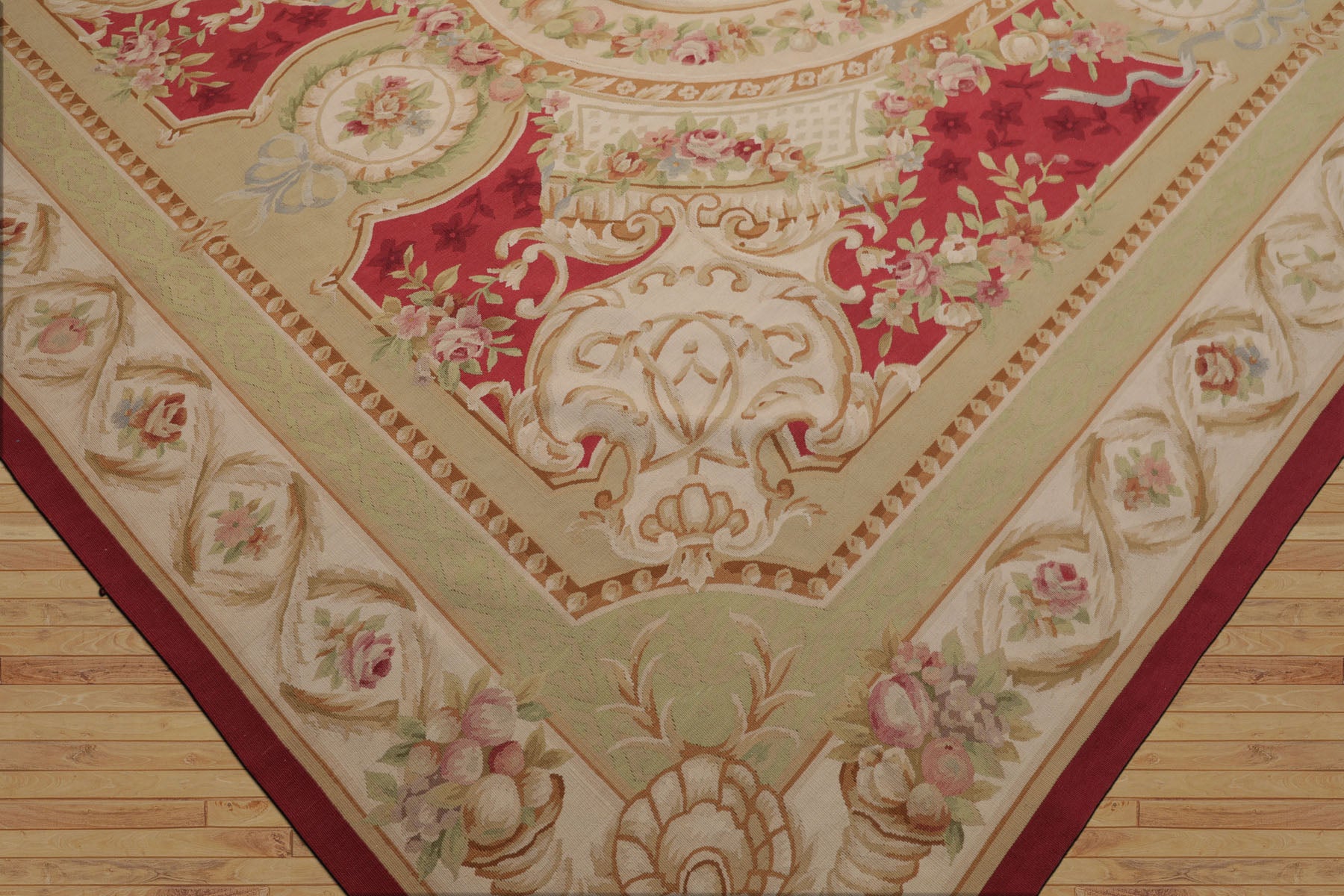 9x12 Crimson, Ivory, Mint Color Hand Woven French Aubusson Flatweave Wool Traditional Oriental Rug
