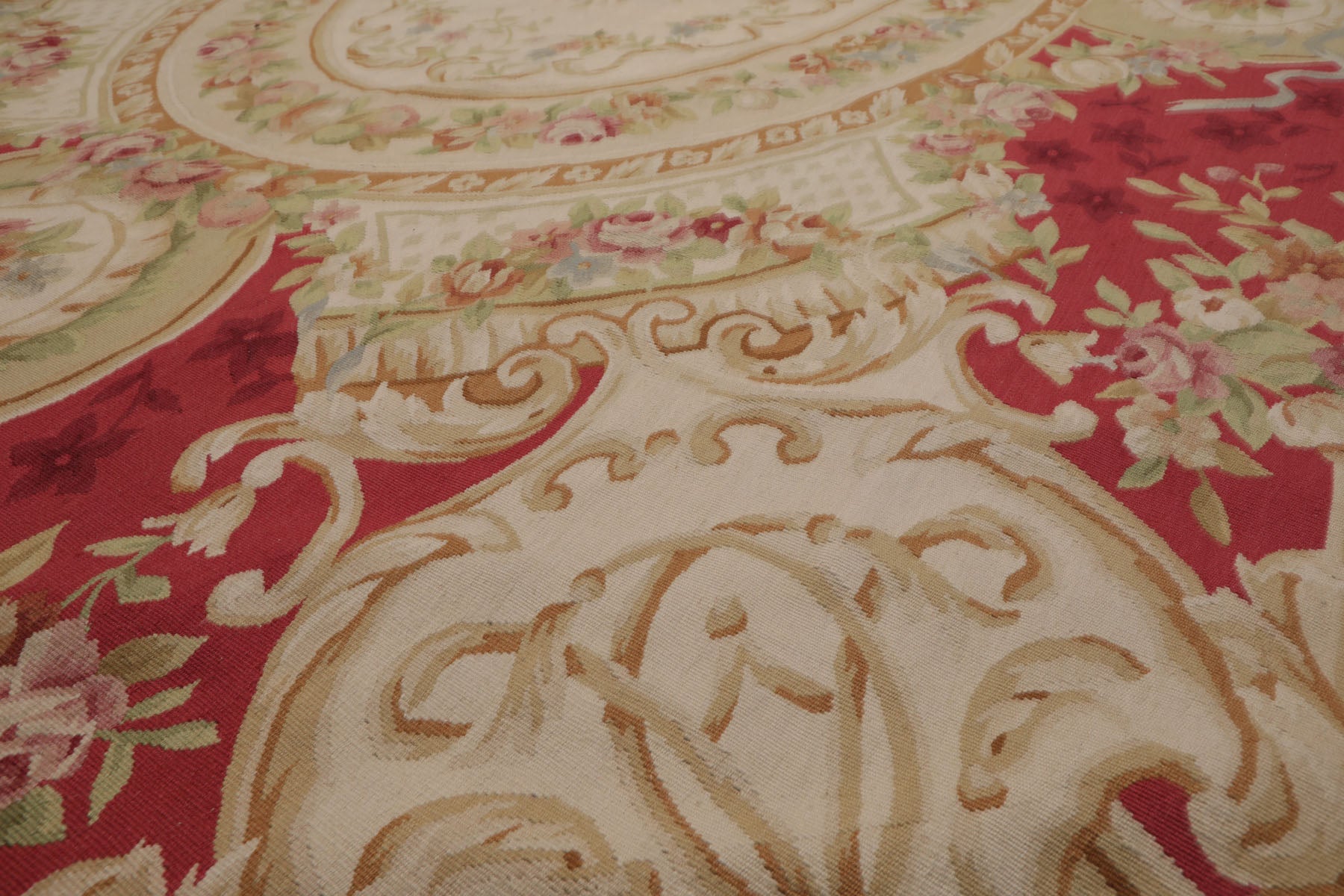 9x12 Crimson, Ivory, Mint Color Hand Woven French Aubusson Flatweave Wool Traditional Oriental Rug