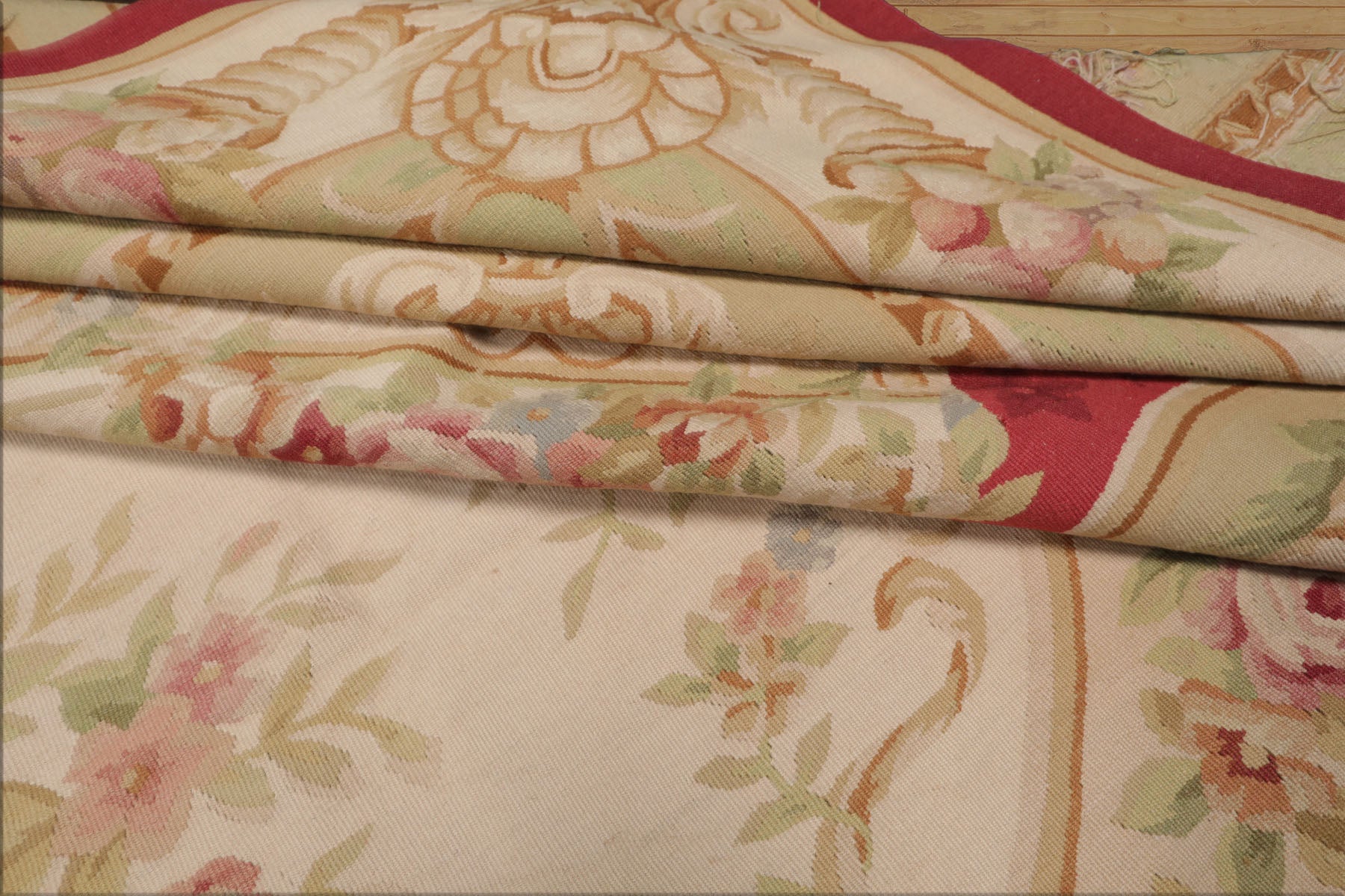 9x12 Crimson, Ivory, Mint Color Hand Woven French Aubusson Flatweave Wool Traditional Oriental Rug