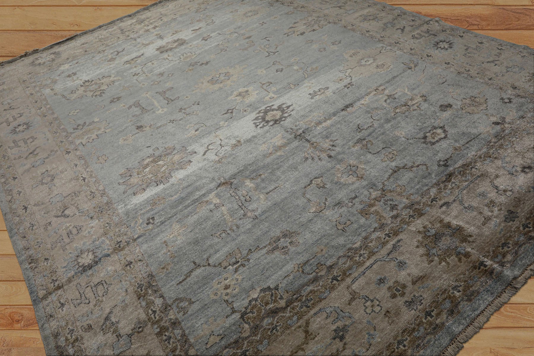 8x10 Blue, Beige, Brown Color Hand Knotted Oushak Bamboo Silk Traditional Oriental Rug